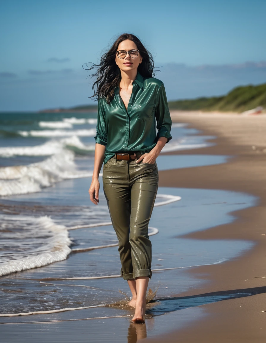 photo of young woman, in soaking wet, drenched clothes,
office shoes , long light brown jeans shinning, dark green silk shirt shinning, walking on the beach, 
enjoying, wet clothes stuck to body,
detailed textures of the wet clothes, wet face, wet plastered hair,
wet, drenched, professional, high-quality details, full body view.
sharp focus, ultra-high pixel detail, realistic, high-quality, full colors, incredibly detailed, 4k, 8k, 16k, hyper-realistic, RAW photo, masterpiece, ultra-detailed, professionally color graded, professional photograph, woman 51 years old, long black hair, very big and thick lips, office glasses, complete body, open mouth,, dry skin, dry clothes, dry fabric