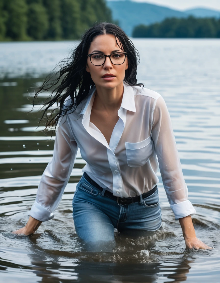 photo of young woman, in soaking wet, drenched clothes,
office shoes , long light blue jeans shinning, white transparent silk shirt shinning, walking submerged in sunny deep lake, 
enjoying, wet clothes stuck to body,
detailed textures of the wet clothes, wet face, wet plastered hair,
wet, drenched, professional, high-quality details, full body view.
sharp focus, ultra-high pixel detail, realistic, high-quality, full colors, incredibly detailed, 4k, 8k, 16k, hyper-realistic, RAW photo, masterpiece, ultra-detailed, professionally color graded, professional photograph, woman 51 years old, long black hair, very big and thick lips, office glasses, complete body, open mouth, dry skin, dry clothes, dry fabric