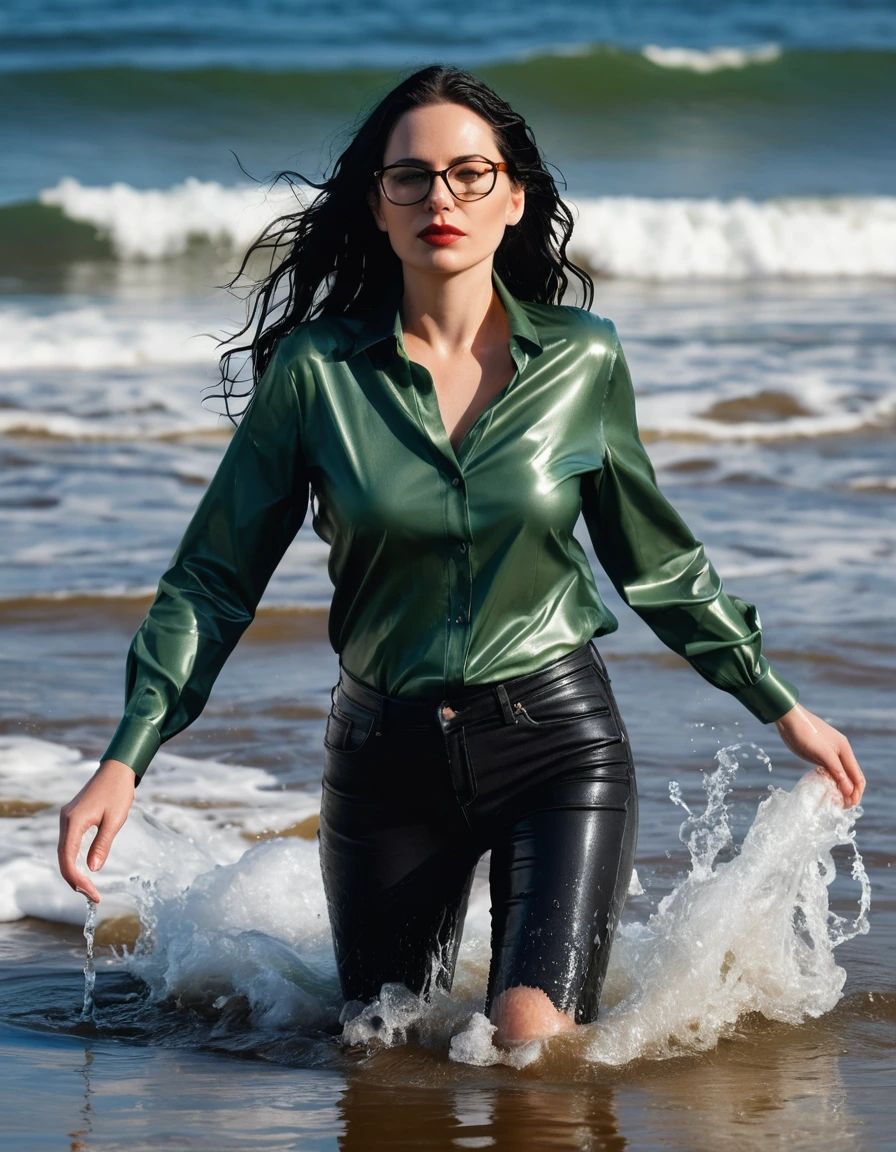 photo of young woman, in soaking wet, drenched clothes,
office shoes , long black leather jeans shinning, dark green silk shirt shinning, walking submerged in sunny waves, 
enjoying, wet clothes stuck to body,
detailed textures of the wet clothes, wet face, wet plastered hair,
wet, drenched, professional, high-quality details, full body view.
sharp focus, ultra-high pixel detail, realistic, high-quality, full colors, incredibly detailed, 4k, 8k, 16k, hyper-realistic, RAW photo, masterpiece, ultra-detailed, professionally color graded, professional photograph, woman 51 years old, long black hair, very big and thick lips, office glasses, complete body, open mouth,, dry skin, dry clothes, dry fabric