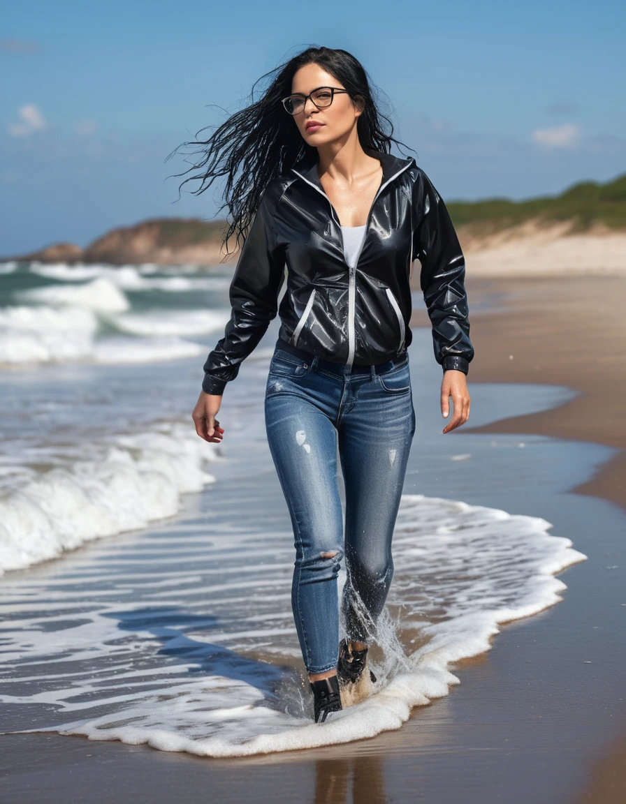 photo of young woman, in soaking wet, drenched clothes,
sport shoes , long tight blue jeans shinning, with black top, walking on the beach, 
enjoying, wet clothes stuck to body,
detailed textures of the wet clothes, wet face, wet plastered hair,
wet, drenched, professional, high-quality details, full body view.
sharp focus, ultra-high pixel detail, realistic, high-quality, full colors, incredibly detailed, 4k, 8k, 16k, hyper-realistic, RAW photo, masterpiece, ultra-detailed, professionally color graded, professional photograph, woman 51 years old, long black hair, very big and thick lips, office glasses, complete body, open mouth,, dry skin, dry clothes, dry fabric