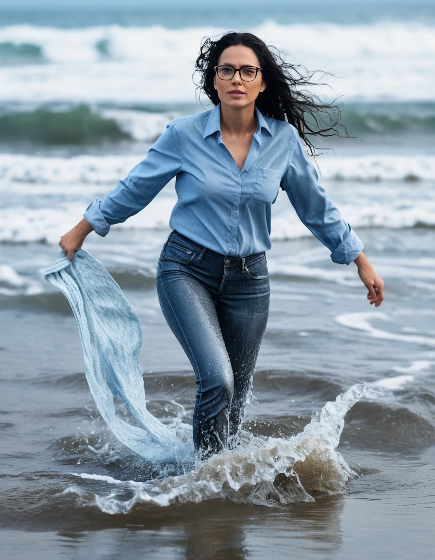 photo of young woman, in soaking wet, drenched clothes,
office shoes , long light blue tight jeans shinning, light blue jeans top, walking submerged in the waves, 
enjoying, wet clothes stuck to body,
detailed textures of the wet clothes, wet face, wet plastered hair,
wet, drenched, professional, high-quality details, full body view.
sharp focus, ultra-high pixel detail, realistic, high-quality, full colors, incredibly detailed, 4k, 8k, 16k, hyper-realistic, RAW photo, masterpiece, ultra-detailed, professionally color graded, professional photograph, woman 51 years old, long black hair, very big and thick lips, office glasses, complete body, open mouth, dry skin, dry clothes, dry fabric