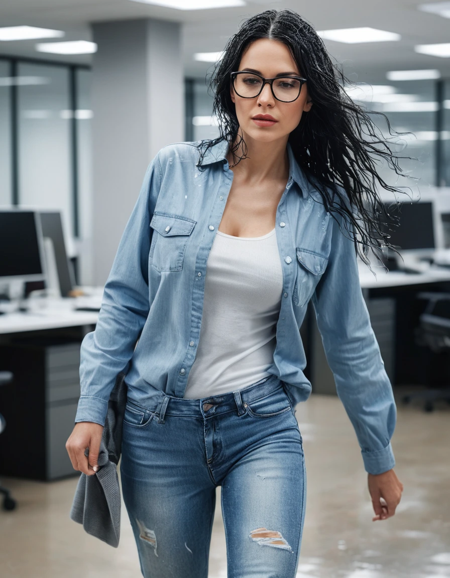photo of young woman, in soaking wet, drenched clothes,
office shoes , long light blue jeans shinning, light blue jeans top shinning, walking IN OFFICE, 
enjoying, wet clothes stuck to body,
detailed textures of the wet clothes, wet face, wet plastered hair,
wet, drenched, professional, high-quality details, full body view.
sharp focus, ultra-high pixel detail, realistic, high-quality, full colors, incredibly detailed, 4k, 8k, 16k, hyper-realistic, RAW photo, masterpiece, ultra-detailed, professionally color graded, professional photograph, woman 51 years old, long black hair, very big and thick lips, office glasses, complete body, open mouth,, dry skin, dry clothes, dry fabric
