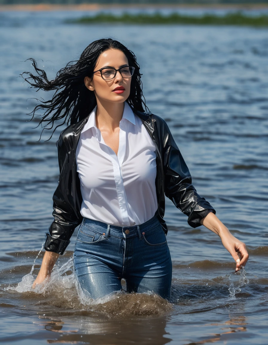 photo of young woman, in soaking wet, drenched clothes,
office shoes , long tight blue jeans shinning, with black top, walking submerged in sunny ssea, 
enjoying, wet clothes stuck to body,
detailed textures of the wet clothes, wet face, wet plastered hair,
wet, drenched, professional, high-quality details, full body view.
sharp focus, ultra-high pixel detail, realistic, high-quality, full colors, incredibly detailed, 4k, 8k, 16k, hyper-realistic, RAW photo, masterpiece, ultra-detailed, professionally color graded, professional photograph, woman 51 years old, long black hair, very big and thick lips, office glasses, complete body, open mouth,, dry skin, dry clothes, dry fabric