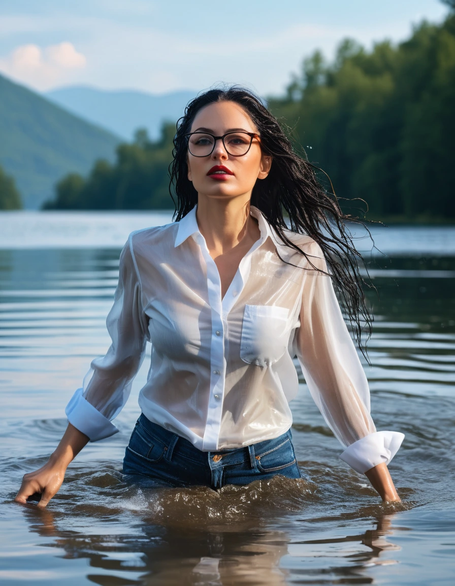 photo of young woman, in soaking wet, drenched clothes,
office shoes , long light blue jeans shinning, white transparent silk shirt shinning, walking submerged in sunny deep lake, 
enjoying, wet clothes stuck to body,
detailed textures of the wet clothes, wet face, wet plastered hair,
wet, drenched, professional, high-quality details, full body view.
sharp focus, ultra-high pixel detail, realistic, high-quality, full colors, incredibly detailed, 4k, 8k, 16k, hyper-realistic, RAW photo, masterpiece, ultra-detailed, professionally color graded, professional photograph, woman 51 years old, long black hair, very big and thick lips, office glasses, complete body, open mouth, dry skin, dry clothes, dry fabric