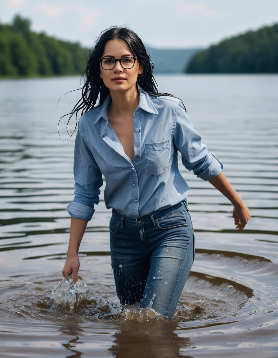 photo of young woman, in soaking wet, drenched clothes,
office shoes , long light brown jeans shinning, blue jeans shirt shinning, walking submerged in sunny deep lake, 
enjoying, wet clothes stuck to body,
detailed textures of the wet clothes, wet face, wet plastered hair,
wet, drenched, professional, high-quality details, full body view.
sharp focus, ultra-high pixel detail, realistic, high-quality, full colors, incredibly detailed, 4k, 8k, 16k, hyper-realistic, RAW photo, masterpiece, ultra-detailed, professionally color graded, professional photograph, woman 51 years old, long black hair, very big and thick lips, office glasses, complete body, open mouth, dry skin, dry clothes, dry fabric