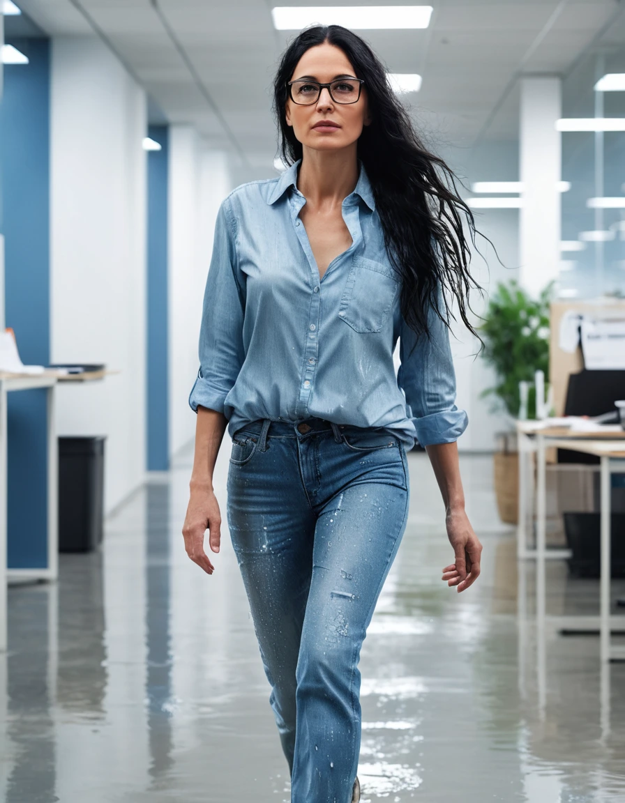 photo of young woman, in soaking wet, drenched clothes,
office shoes , long light blue jeans shinning, light blue jeans top shinning, walking IN OFFICE, 
enjoying, wet clothes stuck to body,
detailed textures of the wet clothes, wet face, wet plastered hair,
wet, drenched, professional, high-quality details, full body view.
sharp focus, ultra-high pixel detail, realistic, high-quality, full colors, incredibly detailed, 4k, 8k, 16k, hyper-realistic, RAW photo, masterpiece, ultra-detailed, professionally color graded, professional photograph, woman 51 years old, long black hair, very big and thick lips, office glasses, complete body, open mouth,, dry skin, dry clothes, dry fabric