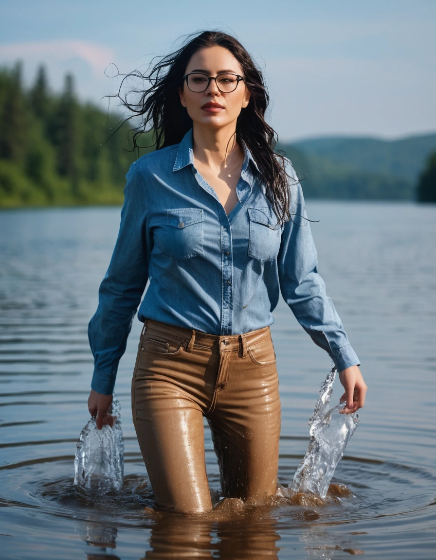 photo of young woman, in soaking wet, drenched clothes,
office shoes , long light brown jeans shinning, blue jeans shirt shinning, walking submerged in sunny deep lake, 
enjoying, wet clothes stuck to body,
detailed textures of the wet clothes, wet face, wet plastered hair,
wet, drenched, professional, high-quality details, full body view.
sharp focus, ultra-high pixel detail, realistic, high-quality, full colors, incredibly detailed, 4k, 8k, 16k, hyper-realistic, RAW photo, masterpiece, ultra-detailed, professionally color graded, professional photograph, woman 51 years old, long black hair, very big and thick lips, office glasses, complete body, open mouth, dry skin, dry clothes, dry fabric
