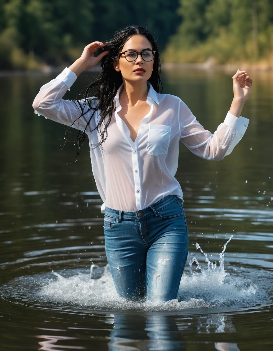 photo of young woman, in soaking wet, drenched clothes,
office shoes , long light blue jeans shinning, white transparent silk shirt shinning, walking submerged in sunny deep lake, 
enjoying, wet clothes stuck to body,
detailed textures of the wet clothes, wet face, wet plastered hair,
wet, drenched, professional, high-quality details, full body view.
sharp focus, ultra-high pixel detail, realistic, high-quality, full colors, incredibly detailed, 4k, 8k, 16k, hyper-realistic, RAW photo, masterpiece, ultra-detailed, professionally color graded, professional photograph, woman 51 years old, long black hair, very big and thick lips, office glasses, complete body, open mouth, dry skin, dry clothes, dry fabric