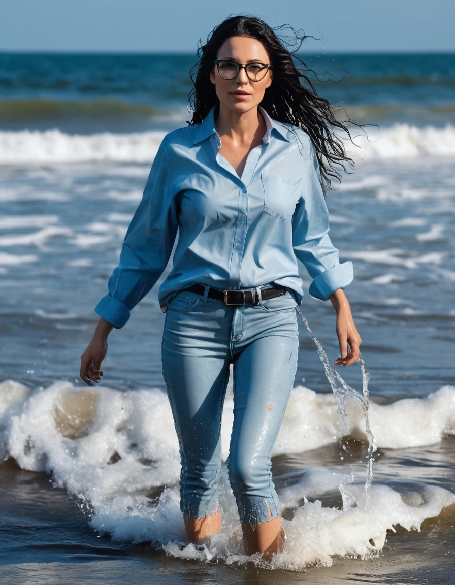 photo of young woman, in soaking wet, drenched clothes,
office shoes , long light blue tight jeans shinning, light blue jeans top, walking in the waves, 
enjoying, wet clothes stuck to body,
detailed textures of the wet clothes, wet face, wet plastered hair,
wet, drenched, professional, high-quality details, full body view.
sharp focus, ultra-high pixel detail, realistic, high-quality, full colors, incredibly detailed, 4k, 8k, 16k, hyper-realistic, RAW photo, masterpiece, ultra-detailed, professionally color graded, professional photograph, woman 51 years old, long black hair, very big and thick lips, office glasses, complete body, open mouth, dry skin, dry clothes, dry fabric