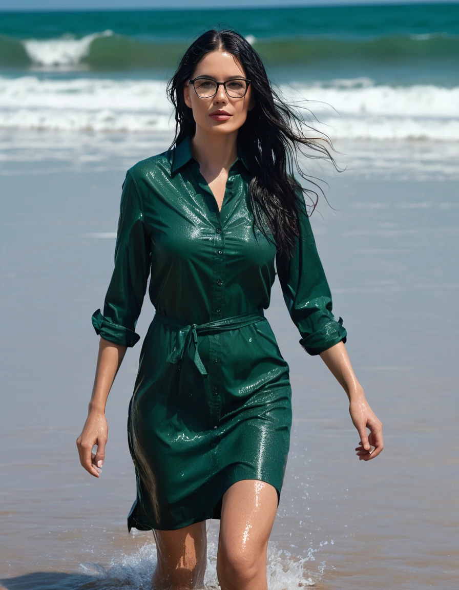 photo of young woman, in soaking wet, drenched clothes,
office shoes , midi tight dark green shirt dress, midi tight dark green shirt dress, walking on the beach, 
enjoying, wet clothes stuck to body,
detailed textures of the wet clothes, wet face, wet plastered hair,
wet, drenched, professional, high-quality details, full body view.
sharp focus, ultra-high pixel detail, realistic, high-quality, full colors, incredibly detailed, 4k, 8k, 16k, hyper-realistic, RAW photo, masterpiece, ultra-detailed, professionally color graded, professional photograph, woman 51 years old, long black hair, very big and thick lips, office glasses, complete body, open mouth,, dry skin, dry clothes, dry fabric