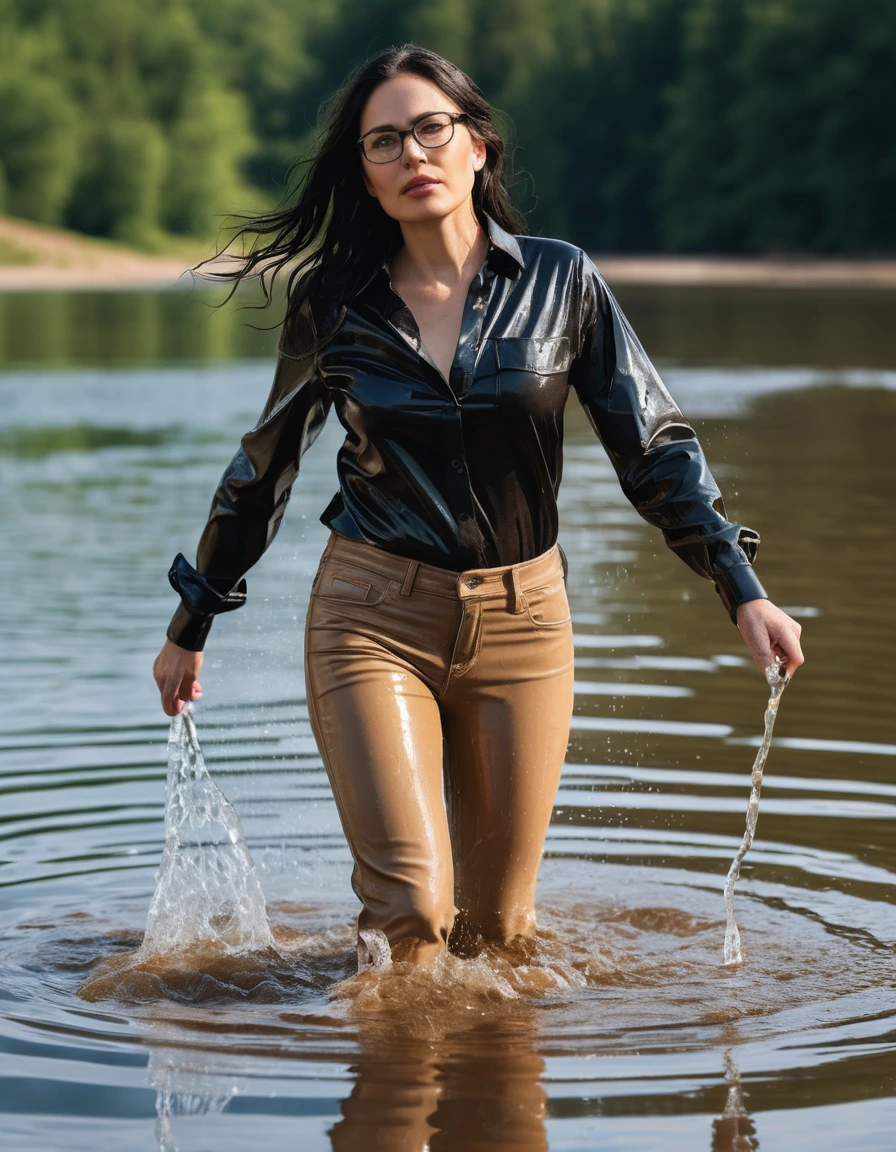 photo of young woman, in soaking wet, drenched clothes,
office shoes , long light brown jeans shinning, with black top, walking submerged in sunny deep lake, 
enjoying, wet clothes stuck to body,
detailed textures of the wet clothes, wet face, wet plastered hair,
wet, drenched, professional, high-quality details, full body view.
sharp focus, ultra-high pixel detail, realistic, high-quality, full colors, incredibly detailed, 4k, 8k, 16k, hyper-realistic, RAW photo, masterpiece, ultra-detailed, professionally color graded, professional photograph, woman 51 years old, long black hair, very big and thick lips, office glasses, complete body, open mouth, dry skin, dry clothes, dry fabric