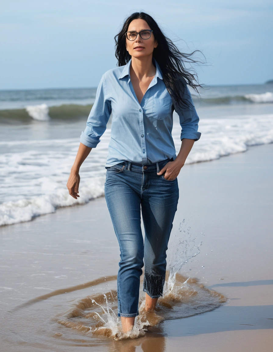 photo of young woman, in soaking wet, drenched clothes,
office shoes , long blue jeans, light blue jeans top, walking on the beach, 
enjoying, wet clothes stuck to body,
detailed textures of the wet clothes, wet face, wet plastered hair,
wet, drenched, professional, high-quality details, full body view.
sharp focus, ultra-high pixel detail, realistic, high-quality, full colors, incredibly detailed, 4k, 8k, 16k, hyper-realistic, RAW photo, masterpiece, ultra-detailed, professionally color graded, professional photograph, woman 51 years old, long black hair, very big and thick lips, office glasses, complete body, open mouth, dry skin, dry clothes, dry fabric