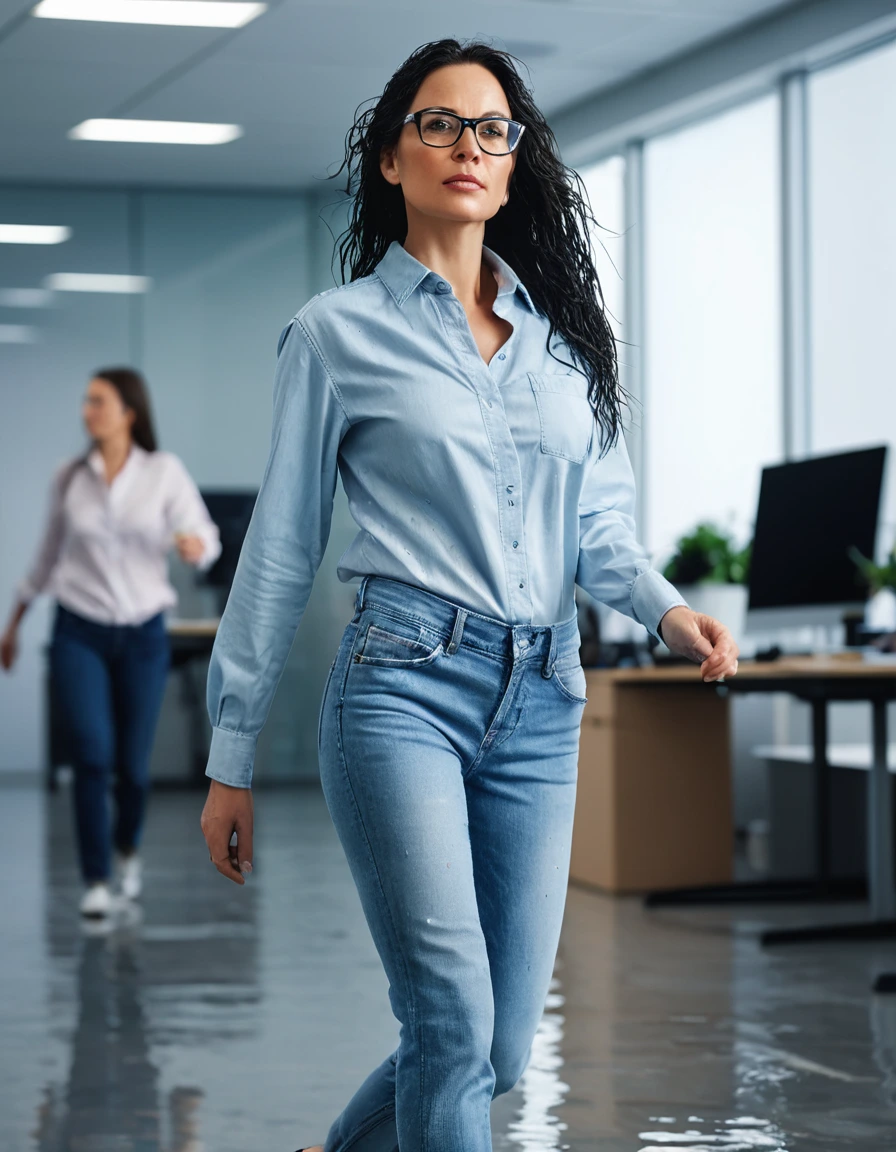 photo of young woman, in soaking wet, drenched clothes,
office shoes , long light blue jeans shinning, light blue jeans top shinning, walking IN OFFICE, 
enjoying, wet clothes stuck to body,
detailed textures of the wet clothes, wet face, wet plastered hair,
wet, drenched, professional, high-quality details, full body view.
sharp focus, ultra-high pixel detail, realistic, high-quality, full colors, incredibly detailed, 4k, 8k, 16k, hyper-realistic, RAW photo, masterpiece, ultra-detailed, professionally color graded, professional photograph, woman 51 years old, long black hair, very big and thick lips, office glasses, complete body, open mouth,, dry skin, dry clothes, dry fabric