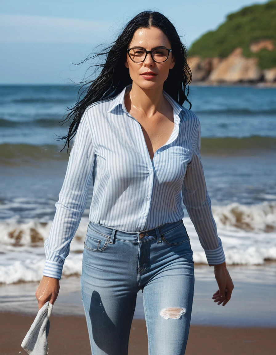 photo of young woman, in soaking wet, drenched clothes,
office shoes , long light blue tight jeans, white striped top, walking on the beach, 
enjoying, wet clothes stuck to body,
detailed textures of the wet clothes, wet face, wet plastered hair,
wet, drenched, professional, high-quality details, full body view.
sharp focus, ultra-high pixel detail, realistic, high-quality, full colors, incredibly detailed, 4k, 8k, 16k, hyper-realistic, RAW photo, masterpiece, ultra-detailed, professionally color graded, professional photograph, woman 51 years old, long black hair, very big and thick lips, office glasses, complete body, open mouth, dry skin, dry clothes, dry fabric