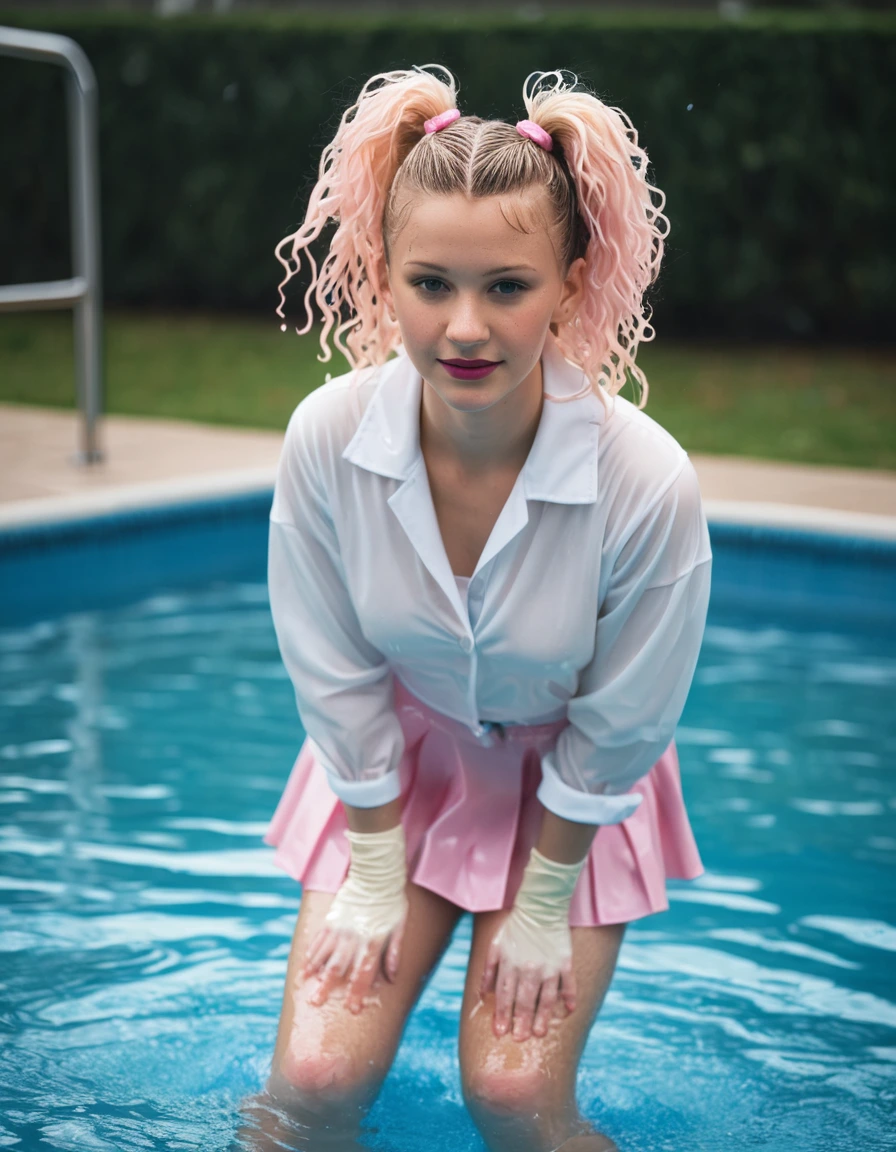 photo of young woman, in soaking wet, drenched clothes,
bobby socks, saddle shoes, long pink poodle skirt soaking wet, wet nude stockings, wet white garter belt, thin white cardigan sweater soaking wet, clinging to skin, standing in a swimming pool, 
enjoying, wet clothes stuck to body,
detailed textures of the wet clothes, wet face, wet plastered hair,
wet, drenched, professional, high-quality details, full body view.
sharp focus, ultra-high pixel detail, realistic, high-quality, full colors, incredibly detailed, 4k, 8k, 16k, hyper-realistic, RAW photo, masterpiece, ultra-detailed, professionally color graded, professional photograph, wet long blonde ponytail hair, dry skin, dry clothes, dry fabric