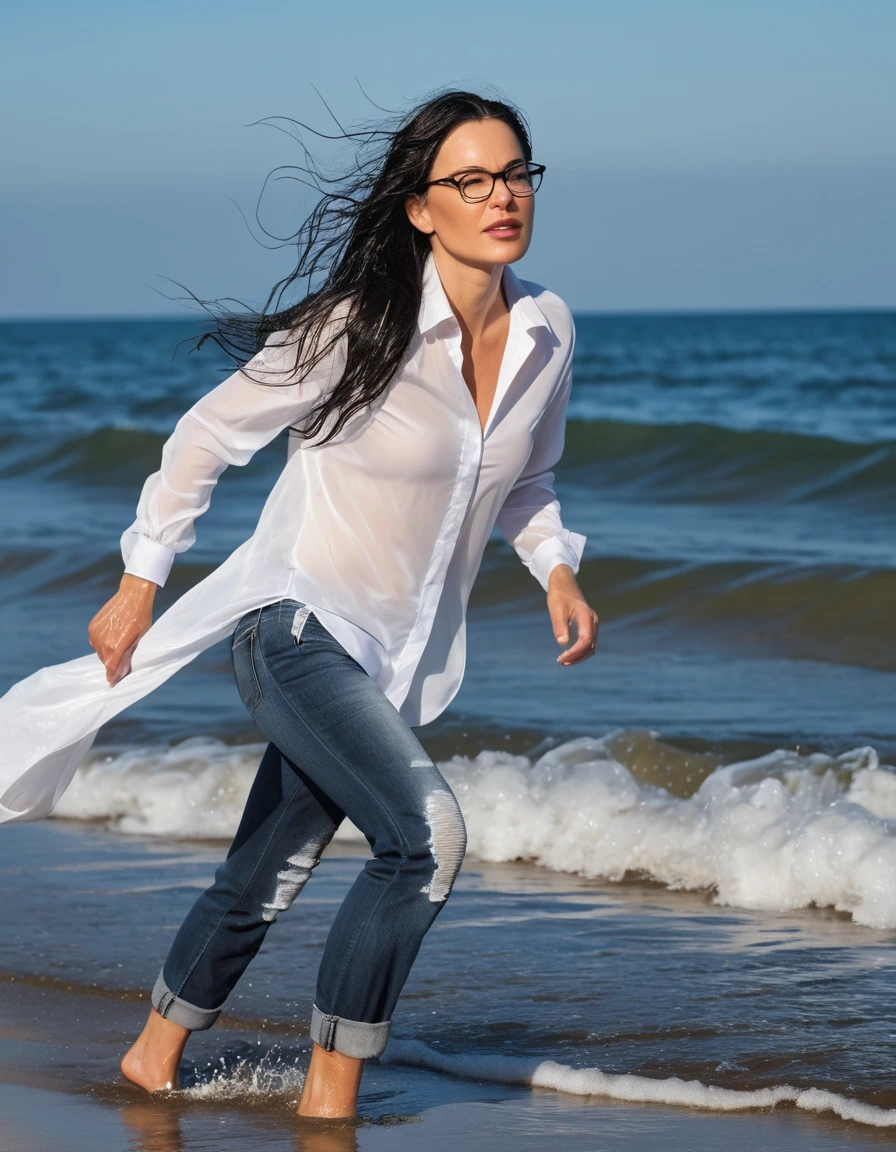 photo of young woman, in soaking wet, drenched clothes,
sport shoes , long tight blue jeans shinning, white silk satin shirt, walking on the beach, 
enjoying, wet clothes stuck to body,
detailed textures of the wet clothes, wet face, wet plastered hair,
wet, drenched, professional, high-quality details, full body view.
sharp focus, ultra-high pixel detail, realistic, high-quality, full colors, incredibly detailed, 4k, 8k, 16k, hyper-realistic, RAW photo, masterpiece, ultra-detailed, professionally color graded, professional photograph, woman 51 years old, long black hair, very big and thick lips, office glasses, complete body, open mouth,, dry skin, dry clothes, dry fabric