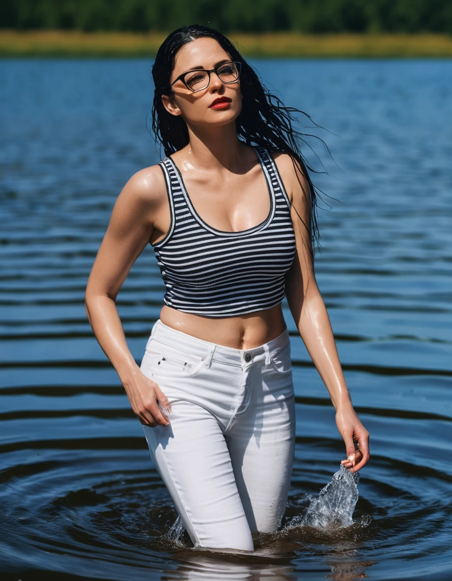 photo of young woman, in soaking wet, drenched clothes,
office shoes , long light white jeans, black & white striped tight tank top, walking submerged in sunny deep lake, 
enjoying, wet clothes stuck to body,
detailed textures of the wet clothes, wet face, wet plastered hair,
wet, drenched, professional, high-quality details, full body view.
sharp focus, ultra-high pixel detail, realistic, high-quality, full colors, incredibly detailed, 4k, 8k, 16k, hyper-realistic, RAW photo, masterpiece, ultra-detailed, professionally color graded, professional photograph, woman 51 years old, long black hair, very big and thick lips, office glasses, complete body, open mouth, dry skin, dry clothes, dry fabric