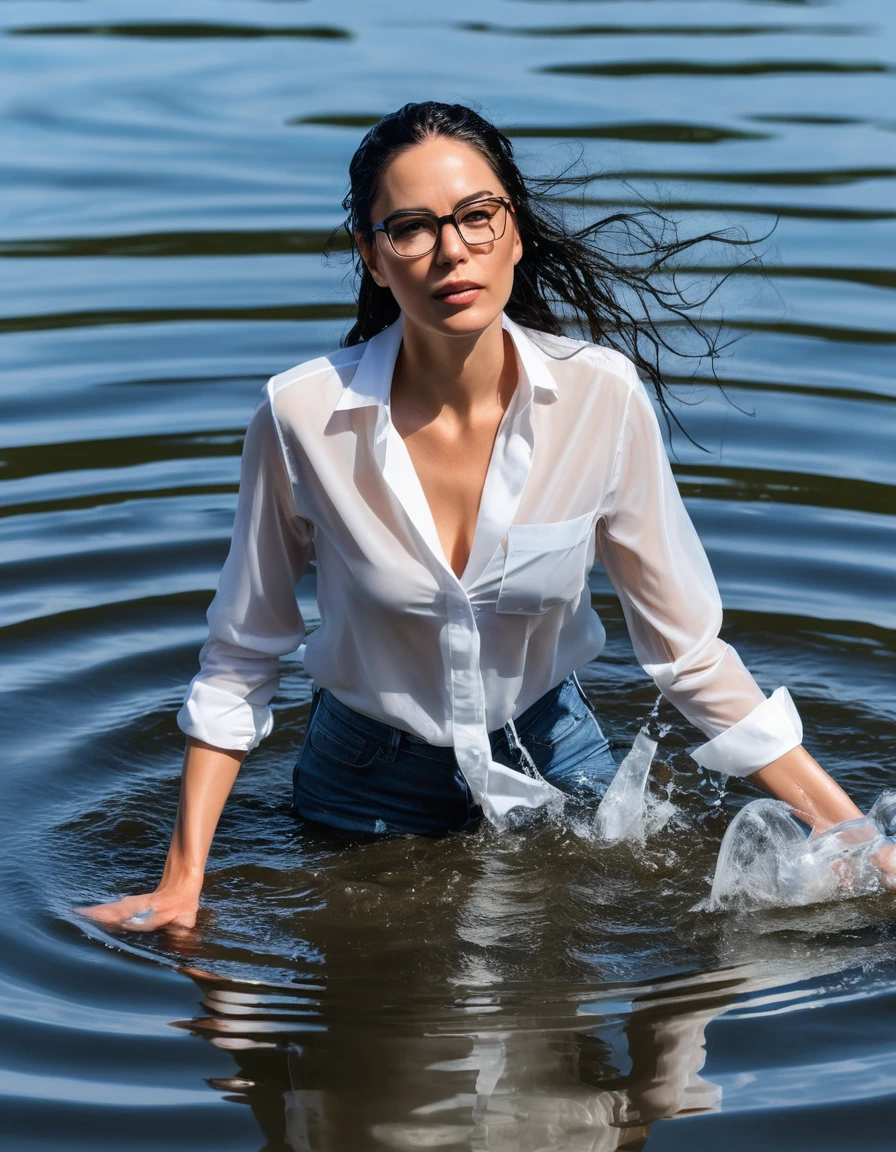 photo of young woman, in soaking wet, drenched clothes,
office shoes , long light blue jeans shinning, white transparent silk shirt shinning, walking submerged in sunny deep lake, 
enjoying, wet clothes stuck to body,
detailed textures of the wet clothes, wet face, wet plastered hair,
wet, drenched, professional, high-quality details, full body view.
sharp focus, ultra-high pixel detail, realistic, high-quality, full colors, incredibly detailed, 4k, 8k, 16k, hyper-realistic, RAW photo, masterpiece, ultra-detailed, professionally color graded, professional photograph, woman 51 years old, long black hair, very big and thick lips, office glasses, complete body, open mouth, dry skin, dry clothes, dry fabric