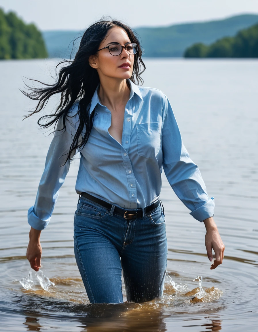 photo of young woman, in soaking wet, drenched clothes,
office shoes , long light blue jeans shinning, light blue jeans top shinning, walking submerged in sunny deep lake, 
enjoying, wet clothes stuck to body,
detailed textures of the wet clothes, wet face, wet plastered hair,
wet, drenched, professional, high-quality details, full body view.
sharp focus, ultra-high pixel detail, realistic, high-quality, full colors, incredibly detailed, 4k, 8k, 16k, hyper-realistic, RAW photo, masterpiece, ultra-detailed, professionally color graded, professional photograph, woman 51 years old, long black hair, very big and thick lips, office glasses, complete body, open mouth, dry skin, dry clothes, dry fabric, dry skin, dry clothes, dry fabric