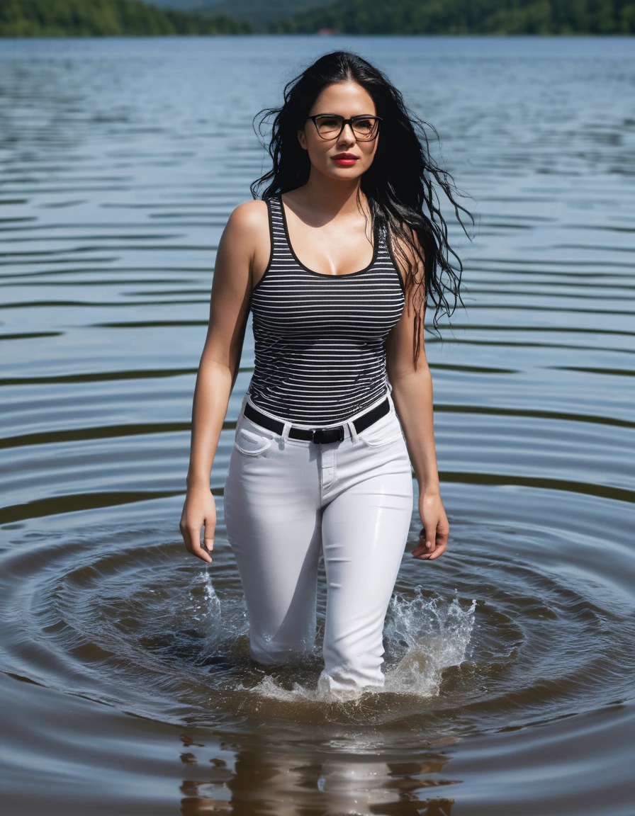 photo of young woman, in soaking wet, drenched clothes,
office shoes , long light white jeans, black & white striped tight tank top, walking submerged in sunny deep lake, 
enjoying, wet clothes stuck to body,
detailed textures of the wet clothes, wet face, wet plastered hair,
wet, drenched, professional, high-quality details, full body view.
sharp focus, ultra-high pixel detail, realistic, high-quality, full colors, incredibly detailed, 4k, 8k, 16k, hyper-realistic, RAW photo, masterpiece, ultra-detailed, professionally color graded, professional photograph, woman 51 years old, long black hair, very big and thick lips, office glasses, complete body, open mouth, dry skin, dry clothes, dry fabric, dry skin, dry clothes, dry fabric