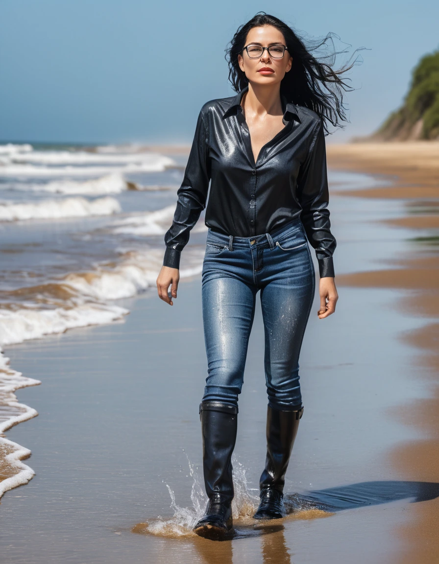photo of young woman, in soaking wet, drenched clothes,
office shoes , long tight blue jeans shinning, with black top, walking on the beach, 
enjoying, wet clothes stuck to body,
detailed textures of the wet clothes, wet face, wet plastered hair,
wet, drenched, professional, high-quality details, full body view.
sharp focus, ultra-high pixel detail, realistic, high-quality, full colors, incredibly detailed, 4k, 8k, 16k, hyper-realistic, RAW photo, masterpiece, ultra-detailed, professionally color graded, professional photograph, woman 51 years old, long black hair, very big and thick lips, office glasses, complete body, open mouth,, dry skin, dry clothes, dry fabric