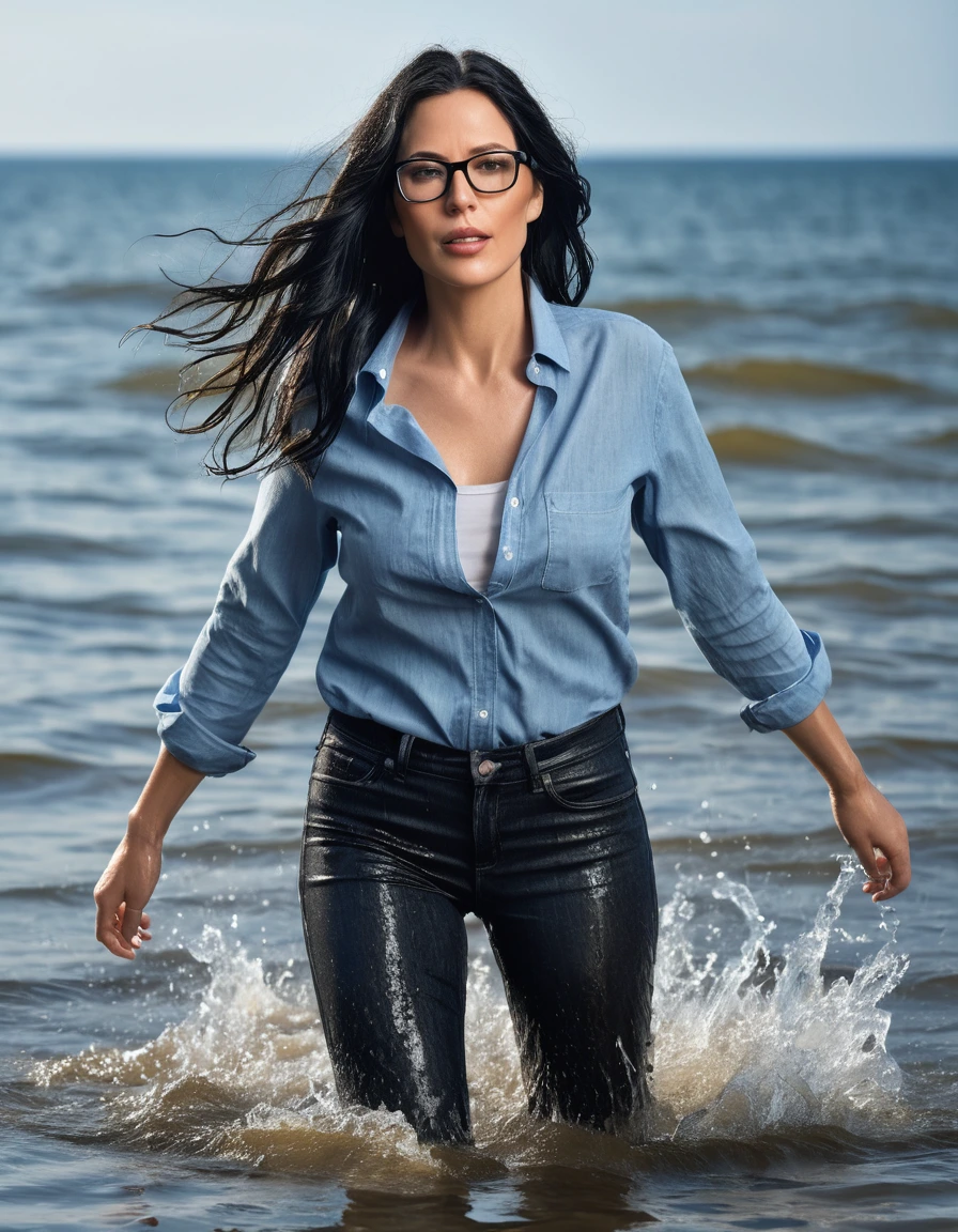 photo of young woman, in soaking wet, drenched clothes,
office shoes , long tight blue jeans shinning, with black top, walking submerged in sunny ssea, 
enjoying, wet clothes stuck to body,
detailed textures of the wet clothes, wet face, wet plastered hair,
wet, drenched, professional, high-quality details, full body view.
sharp focus, ultra-high pixel detail, realistic, high-quality, full colors, incredibly detailed, 4k, 8k, 16k, hyper-realistic, RAW photo, masterpiece, ultra-detailed, professionally color graded, professional photograph, woman 51 years old, long black hair, very big and thick lips, office glasses, complete body, open mouth,, dry skin, dry clothes, dry fabric