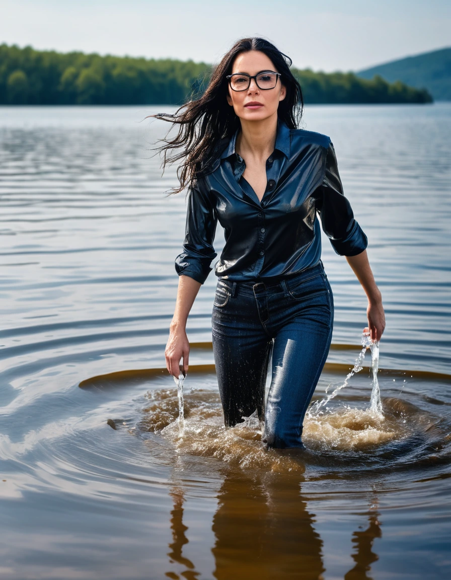 photo of young woman, in soaking wet, drenched clothes,
office shoes , long blue jeans shinning, with black top, walking submerged in sunny deep lake, 
enjoying, wet clothes stuck to body,
detailed textures of the wet clothes, wet face, wet plastered hair,
wet, drenched, professional, high-quality details, full body view.
sharp focus, ultra-high pixel detail, realistic, high-quality, full colors, incredibly detailed, 4k, 8k, 16k, hyper-realistic, RAW photo, masterpiece, ultra-detailed, professionally color graded, professional photograph, woman 51 years old, long black hair, very big and thick lips, office glasses, complete body, open mouth, dry skin, dry clothes, dry fabric, dry skin, dry clothes, dry fabric