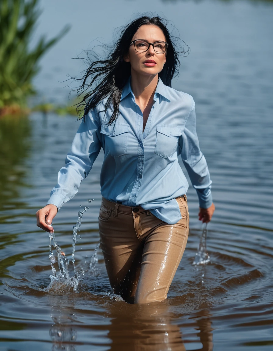 photo of young woman, in soaking wet, drenched clothes,
office shoes , long light brown jeans shinning, light blue jeans shirt shinning, walking submerged in sunny deep lake, 
enjoying, wet clothes stuck to body,
detailed textures of the wet clothes, wet face, wet plastered hair,
wet, drenched, professional, high-quality details, full body view.
sharp focus, ultra-high pixel detail, realistic, high-quality, full colors, incredibly detailed, 4k, 8k, 16k, hyper-realistic, RAW photo, masterpiece, ultra-detailed, professionally color graded, professional photograph, woman 51 years old, long black hair, very big and thick lips, office glasses, complete body, open mouth, dry skin, dry clothes, dry fabric