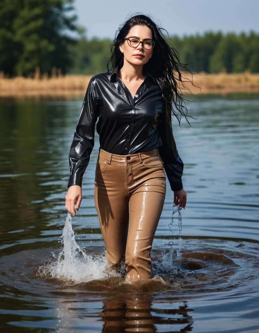 photo of young woman, in soaking wet, drenched clothes,
office shoes , long light brown jeans shinning, with black top, walking submerged in sunny deep lake, 
enjoying, wet clothes stuck to body,
detailed textures of the wet clothes, wet face, wet plastered hair,
wet, drenched, professional, high-quality details, full body view.
sharp focus, ultra-high pixel detail, realistic, high-quality, full colors, incredibly detailed, 4k, 8k, 16k, hyper-realistic, RAW photo, masterpiece, ultra-detailed, professionally color graded, professional photograph, woman 51 years old, long black hair, very big and thick lips, office glasses, complete body, open mouth, dry skin, dry clothes, dry fabric