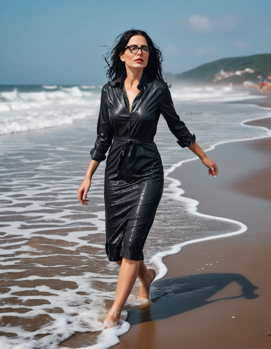 photo of young woman, in soaking wet, drenched clothes,
office shoes , midi tight black shirt dress, midi tight black shirt dress, walking on the beach, 
enjoying, wet clothes stuck to body,
detailed textures of the wet clothes, wet face, wet plastered hair,
wet, drenched, professional, high-quality details, full body view.
sharp focus, ultra-high pixel detail, realistic, high-quality, full colors, incredibly detailed, 4k, 8k, 16k, hyper-realistic, RAW photo, masterpiece, ultra-detailed, professionally color graded, professional photograph, woman 51 years old, long black hair, very big and thick lips, office glasses, complete body, open mouth,, dry skin, dry clothes, dry fabric