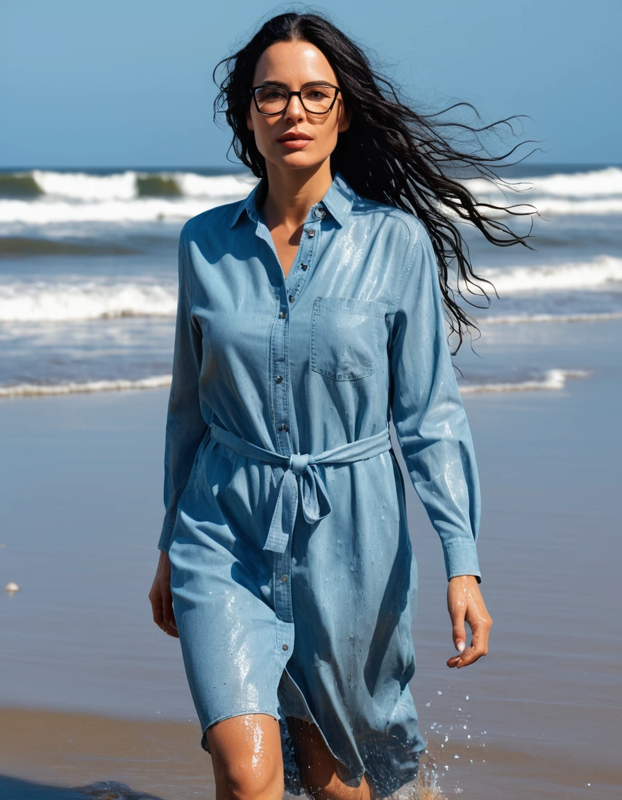 photo of young woman, in soaking wet, drenched clothes,
office shoes , long light blue jeans shirt dress, long light blue jeans shirt dress, walking on the beach, 
enjoying, wet clothes stuck to body,
detailed textures of the wet clothes, wet face, wet plastered hair,
wet, drenched, professional, high-quality details, full body view.
sharp focus, ultra-high pixel detail, realistic, high-quality, full colors, incredibly detailed, 4k, 8k, 16k, hyper-realistic, RAW photo, masterpiece, ultra-detailed, professionally color graded, professional photograph, woman 51 years old, long black hair, very big and thick lips, office glasses, complete body, open mouth,, dry skin, dry clothes, dry fabric