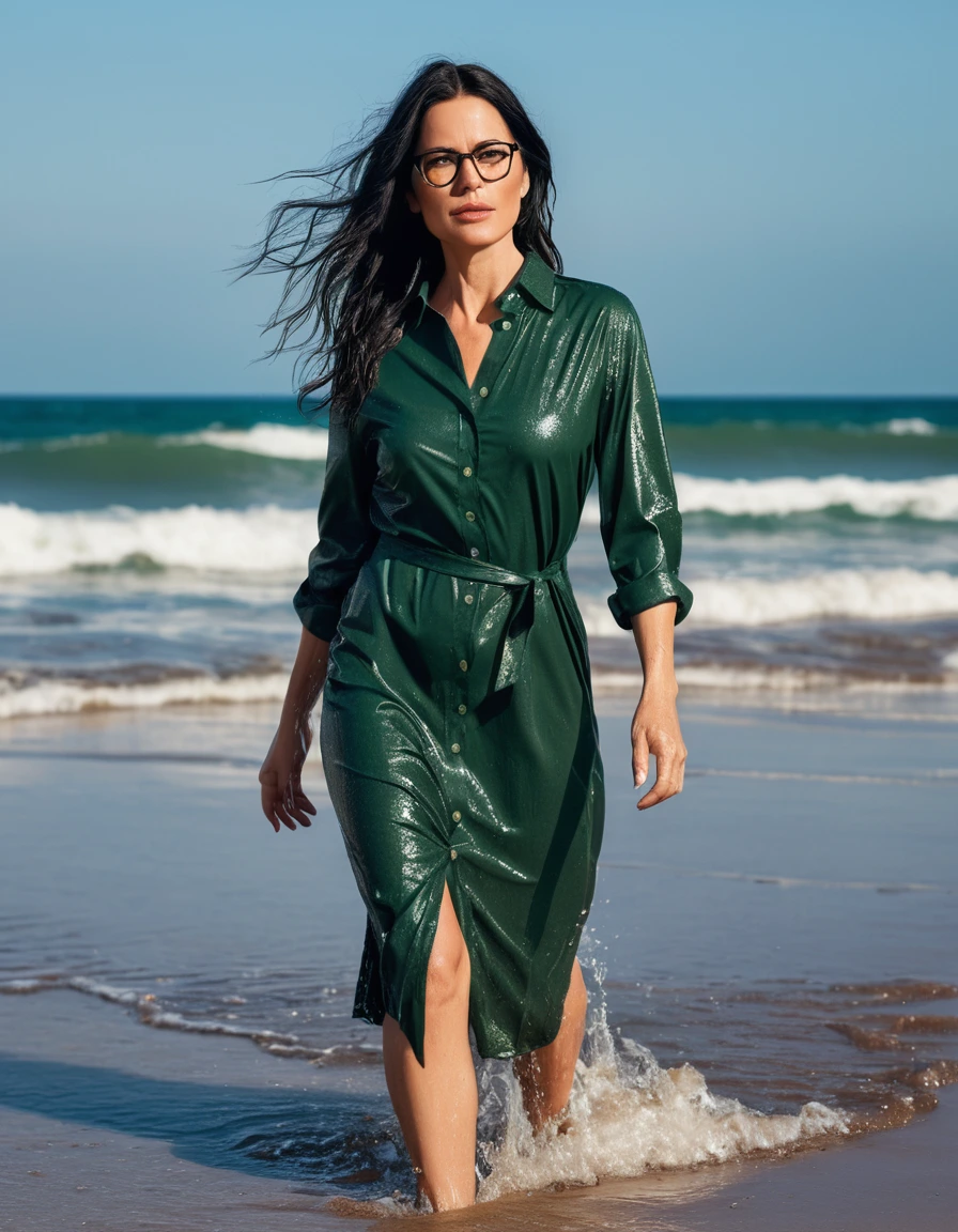 photo of young woman, in soaking wet, drenched clothes,
office shoes , midi tight dark green shirt dress, midi tight dark green shirt dress, walking on the beach, 
enjoying, wet clothes stuck to body,
detailed textures of the wet clothes, wet face, wet plastered hair,
wet, drenched, professional, high-quality details, full body view.
sharp focus, ultra-high pixel detail, realistic, high-quality, full colors, incredibly detailed, 4k, 8k, 16k, hyper-realistic, RAW photo, masterpiece, ultra-detailed, professionally color graded, professional photograph, woman 51 years old, long black hair, very big and thick lips, office glasses, complete body, open mouth,, dry skin, dry clothes, dry fabric