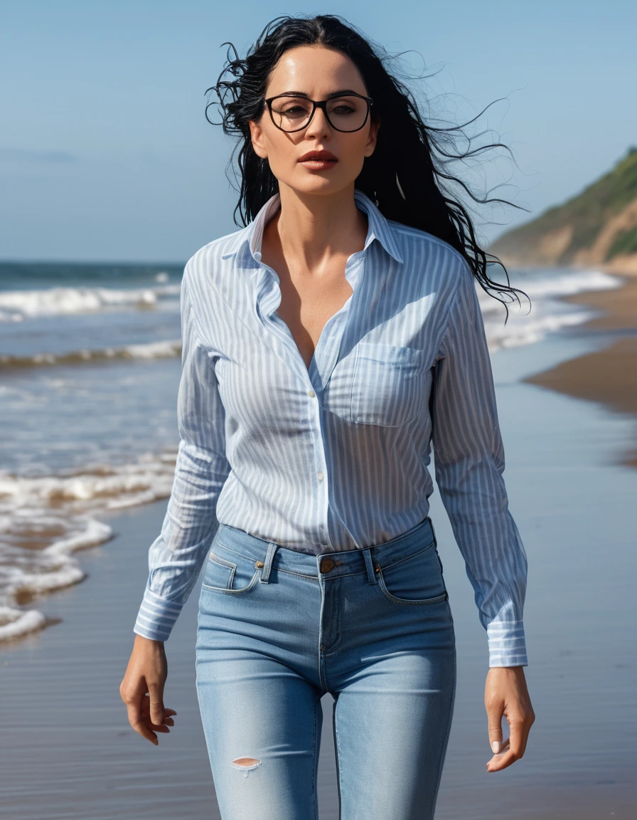 photo of young woman, in soaking wet, drenched clothes,
office shoes , long light blue tight jeans, white striped top, walking on the beach, 
enjoying, wet clothes stuck to body,
detailed textures of the wet clothes, wet face, wet plastered hair,
wet, drenched, professional, high-quality details, full body view.
sharp focus, ultra-high pixel detail, realistic, high-quality, full colors, incredibly detailed, 4k, 8k, 16k, hyper-realistic, RAW photo, masterpiece, ultra-detailed, professionally color graded, professional photograph, woman 51 years old, long black hair, very big and thick lips, office glasses, complete body, open mouth, dry skin, dry clothes, dry fabric