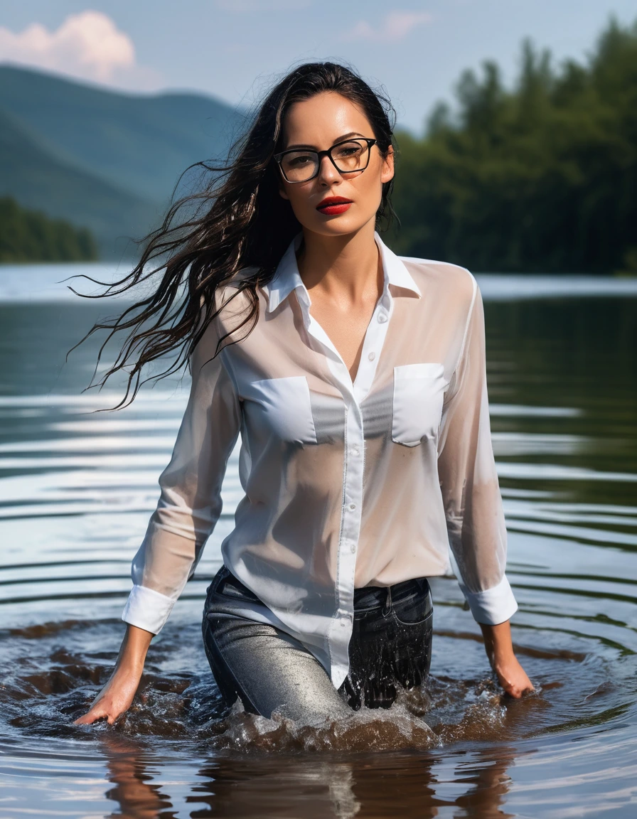 photo of young woman, in soaking wet, drenched clothes,
office shoes , long light brown jeans shinning, white transparent silk shirt shinning, walking submerged in sunny deep lake, 
enjoying, wet clothes stuck to body,
detailed textures of the wet clothes, wet face, wet plastered hair,
wet, drenched, professional, high-quality details, full body view.
sharp focus, ultra-high pixel detail, realistic, high-quality, full colors, incredibly detailed, 4k, 8k, 16k, hyper-realistic, RAW photo, masterpiece, ultra-detailed, professionally color graded, professional photograph, woman 51 years old, long black hair, very big and thick lips, office glasses, complete body, open mouth, dry skin, dry clothes, dry fabric