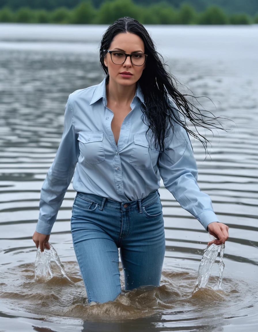 photo of young woman, in soaking wet, drenched clothes,
office shoes , long light blue leather jeans, light blue jeans shirt with long sleeves, walking submerged in sunny deep lake under hard rain, 
enjoying, wet clothes stuck to body,
detailed textures of the wet clothes, wet face, wet plastered hair,
wet, drenched, professional, high-quality details, full body view.
sharp focus, ultra-high pixel detail, realistic, high-quality, full colors, incredibly detailed, 4k, 8k, 16k, hyper-realistic, RAW photo, masterpiece, ultra-detailed, professionally color graded, professional photograph, woman 51 years old, long black hair, very big and thick lips, office glasses, complete body, open mouth, dry skin, dry clothes, dry fabric