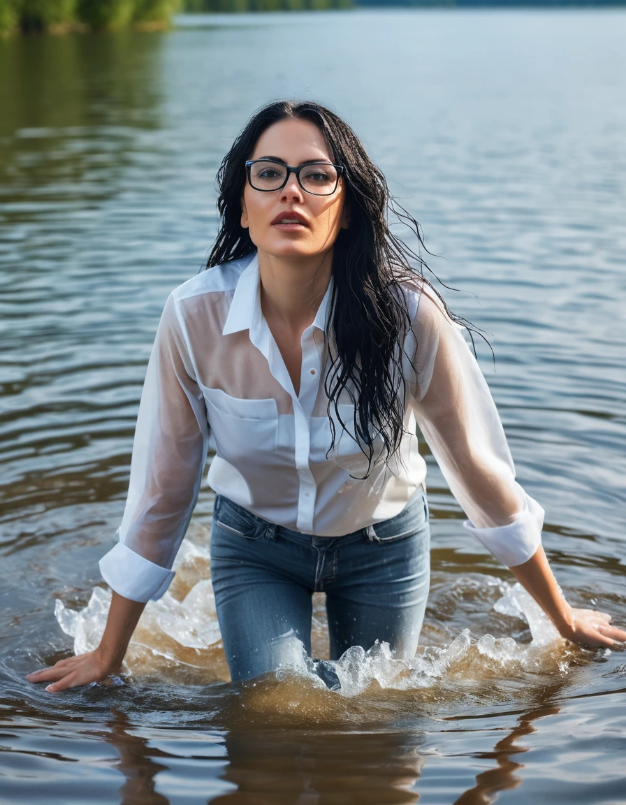photo of young woman, in soaking wet, drenched clothes,
office shoes , long light blue jeans shinning, white transparent silk shirt shinning, walking submerged in sunny deep lake, 
enjoying, wet clothes stuck to body,
detailed textures of the wet clothes, wet face, wet plastered hair,
wet, drenched, professional, high-quality details, full body view.
sharp focus, ultra-high pixel detail, realistic, high-quality, full colors, incredibly detailed, 4k, 8k, 16k, hyper-realistic, RAW photo, masterpiece, ultra-detailed, professionally color graded, professional photograph, woman 51 years old, long black hair, very big and thick lips, office glasses, complete body, open mouth, dry skin, dry clothes, dry fabric