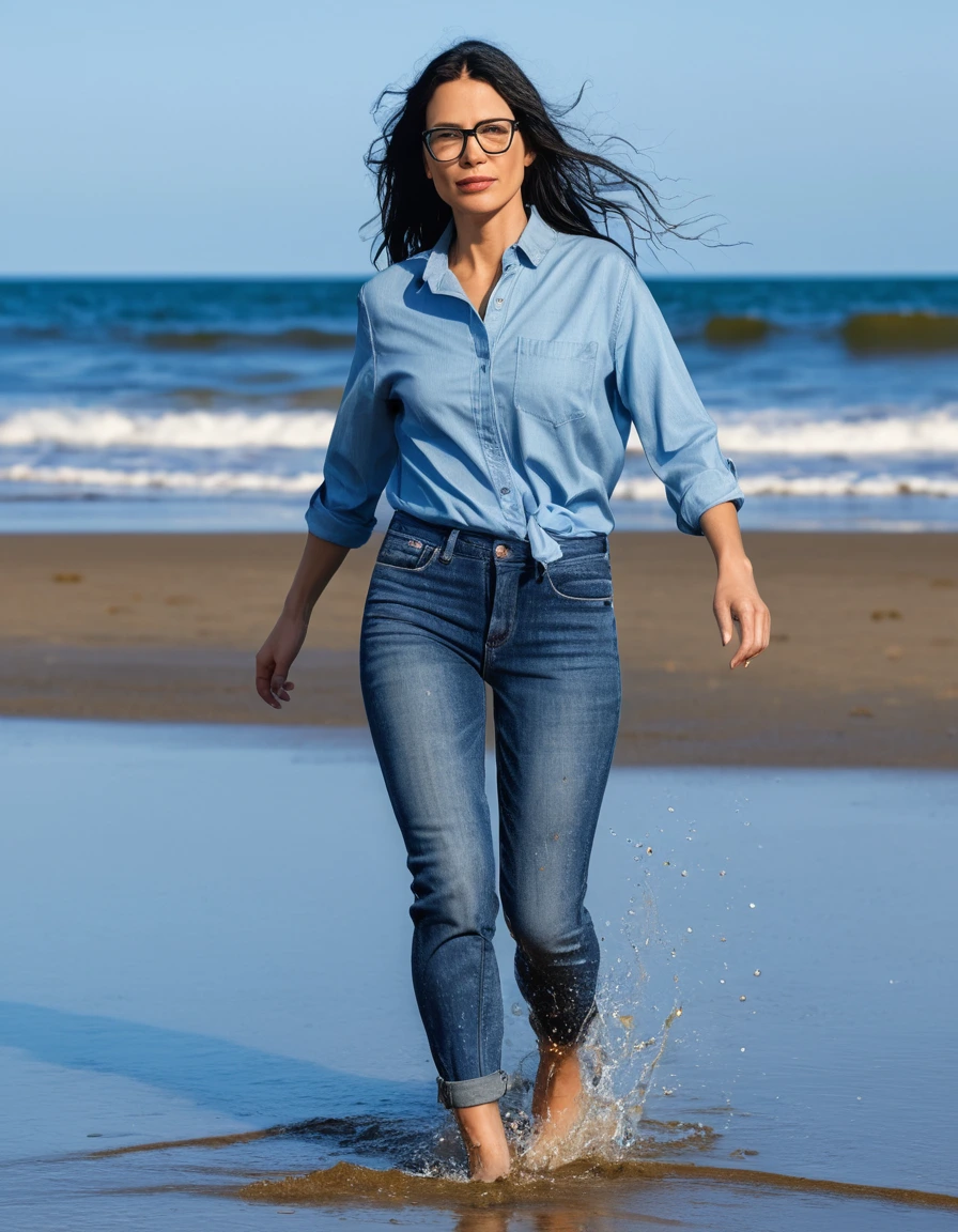 photo of young woman, in soaking wet, drenched clothes,
office shoes , long blue jeans, light blue jeans top, walking on the beach, 
enjoying, wet clothes stuck to body,
detailed textures of the wet clothes, wet face, wet plastered hair,
wet, drenched, professional, high-quality details, full body view.
sharp focus, ultra-high pixel detail, realistic, high-quality, full colors, incredibly detailed, 4k, 8k, 16k, hyper-realistic, RAW photo, masterpiece, ultra-detailed, professionally color graded, professional photograph, woman 51 years old, long black hair, very big and thick lips, office glasses, complete body, open mouth, dry skin, dry clothes, dry fabric