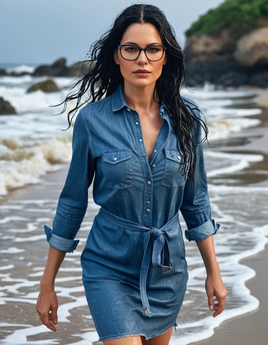 photo of young woman, in soaking wet, drenched clothes,
office shoes , midi tight blue jeans shirt dress, midi tight blue jeans shirt dress, walking on the beach, 
enjoying, wet clothes stuck to body,
detailed textures of the wet clothes, wet face, wet plastered hair,
wet, drenched, professional, high-quality details, full body view.
sharp focus, ultra-high pixel detail, realistic, high-quality, full colors, incredibly detailed, 4k, 8k, 16k, hyper-realistic, RAW photo, masterpiece, ultra-detailed, professionally color graded, professional photograph, woman 51 years old, long black hair, very big and thick lips, office glasses, complete body, open mouth,, dry skin, dry clothes, dry fabric