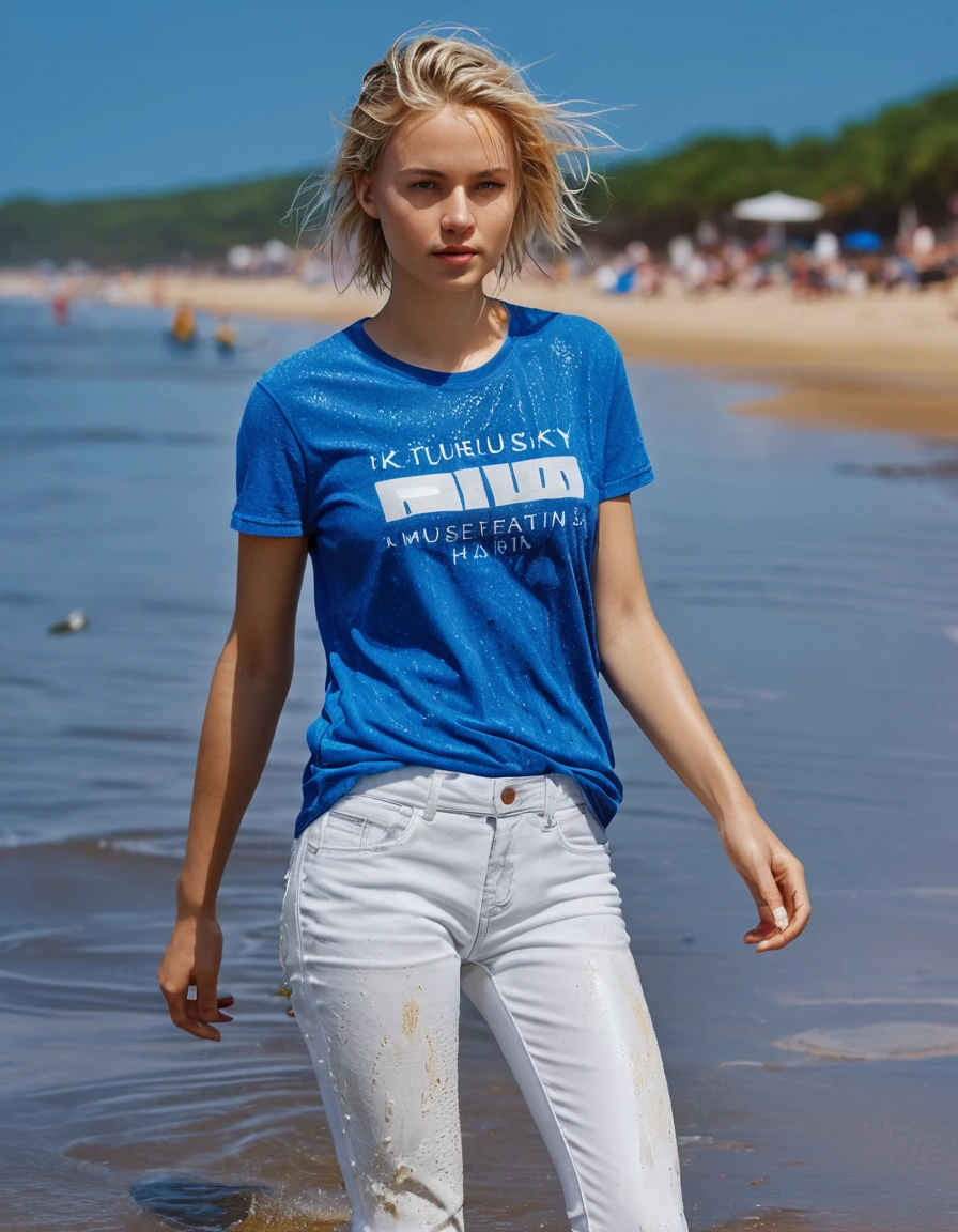 photo of young woman, in soaking wet, drenched clothes,
blue sneakers, long white jeans, blue t-shirt, beach, 
enjoying, wet clothes stuck to body,
detailed textures of the wet clothes, wet face, wet plastered hair,
wet, drenched, professional, high-quality details, full body view.
sharp focus, ultra-high pixel detail, realistic, high-quality, full colors, incredibly detailed, 4k, 8k, 16k, hyper-realistic, RAW photo, masterpiece, ultra-detailed, professionally color graded, professional photograph, women with very short blonde hair, dry skin, dry clothes, dry fabric