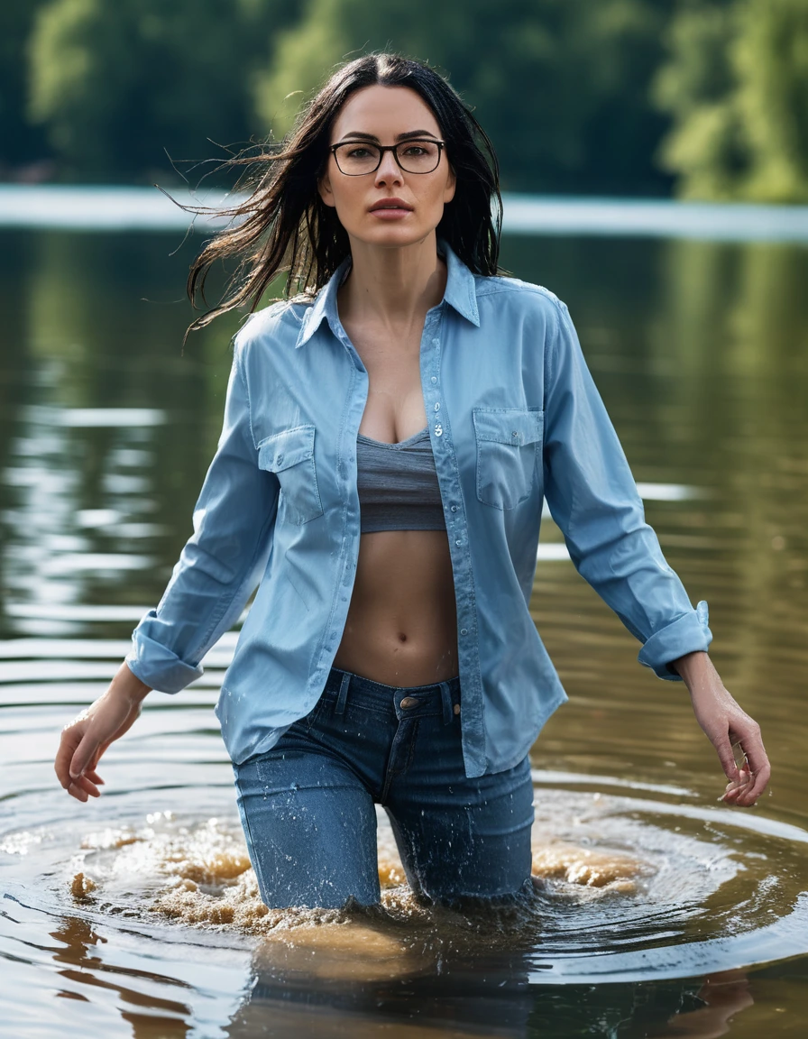 photo of young woman, in soaking wet, drenched clothes,
office shoes , long light blue jeans shinning, light blue jeans top shinning, walking submerged in sunny deep lake, 
enjoying, wet clothes stuck to body,
detailed textures of the wet clothes, wet face, wet plastered hair,
wet, drenched, professional, high-quality details, full body view.
sharp focus, ultra-high pixel detail, realistic, high-quality, full colors, incredibly detailed, 4k, 8k, 16k, hyper-realistic, RAW photo, masterpiece, ultra-detailed, professionally color graded, professional photograph, woman 51 years old, long black hair, very big and thick lips, office glasses, complete body, open mouth, dry skin, dry clothes, dry fabric, dry skin, dry clothes, dry fabric