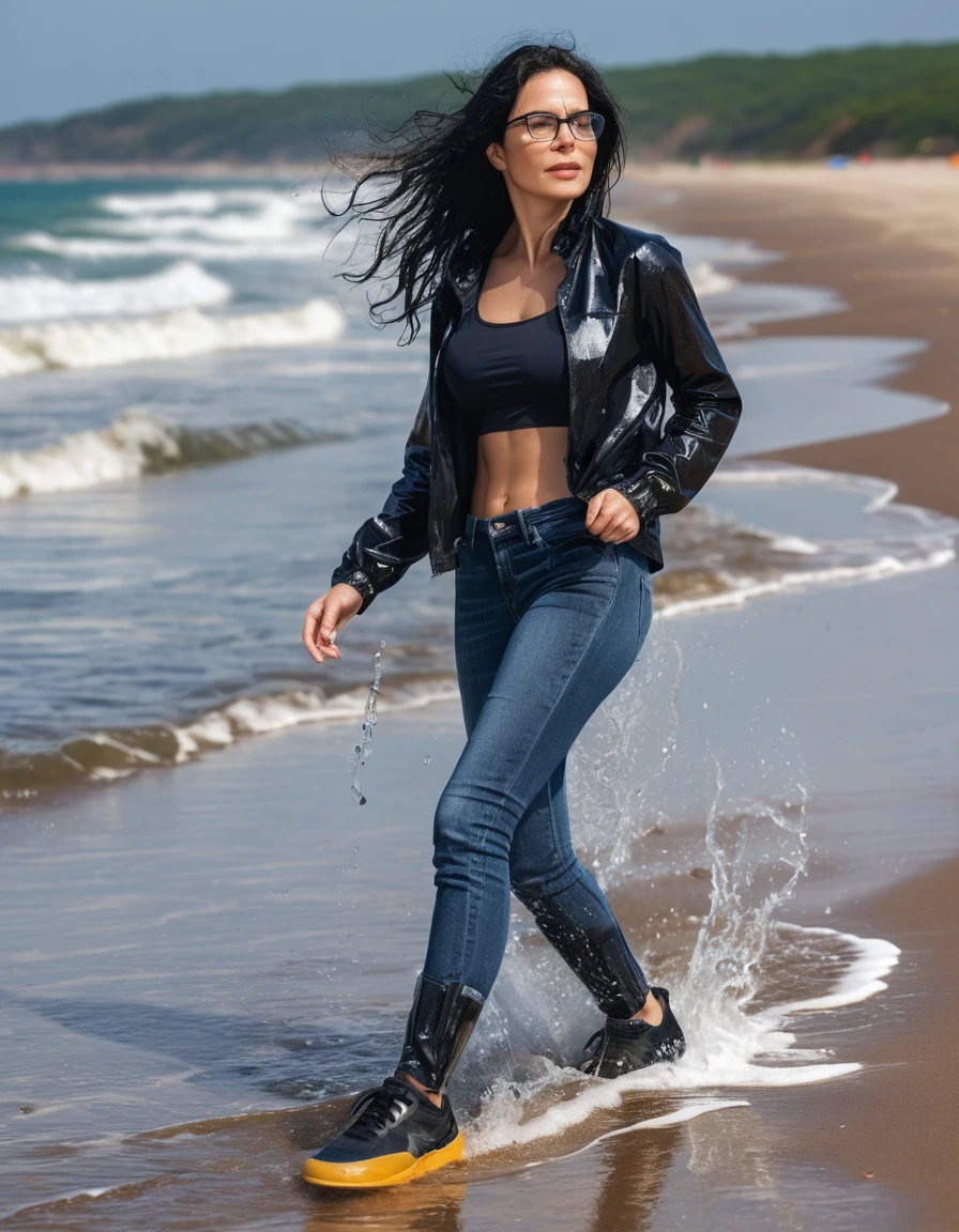 photo of young woman, in soaking wet, drenched clothes,
sport shoes , long tight blue jeans shinning, with black top, walking on the beach, 
enjoying, wet clothes stuck to body,
detailed textures of the wet clothes, wet face, wet plastered hair,
wet, drenched, professional, high-quality details, full body view.
sharp focus, ultra-high pixel detail, realistic, high-quality, full colors, incredibly detailed, 4k, 8k, 16k, hyper-realistic, RAW photo, masterpiece, ultra-detailed, professionally color graded, professional photograph, woman 51 years old, long black hair, very big and thick lips, office glasses, complete body, open mouth,, dry skin, dry clothes, dry fabric