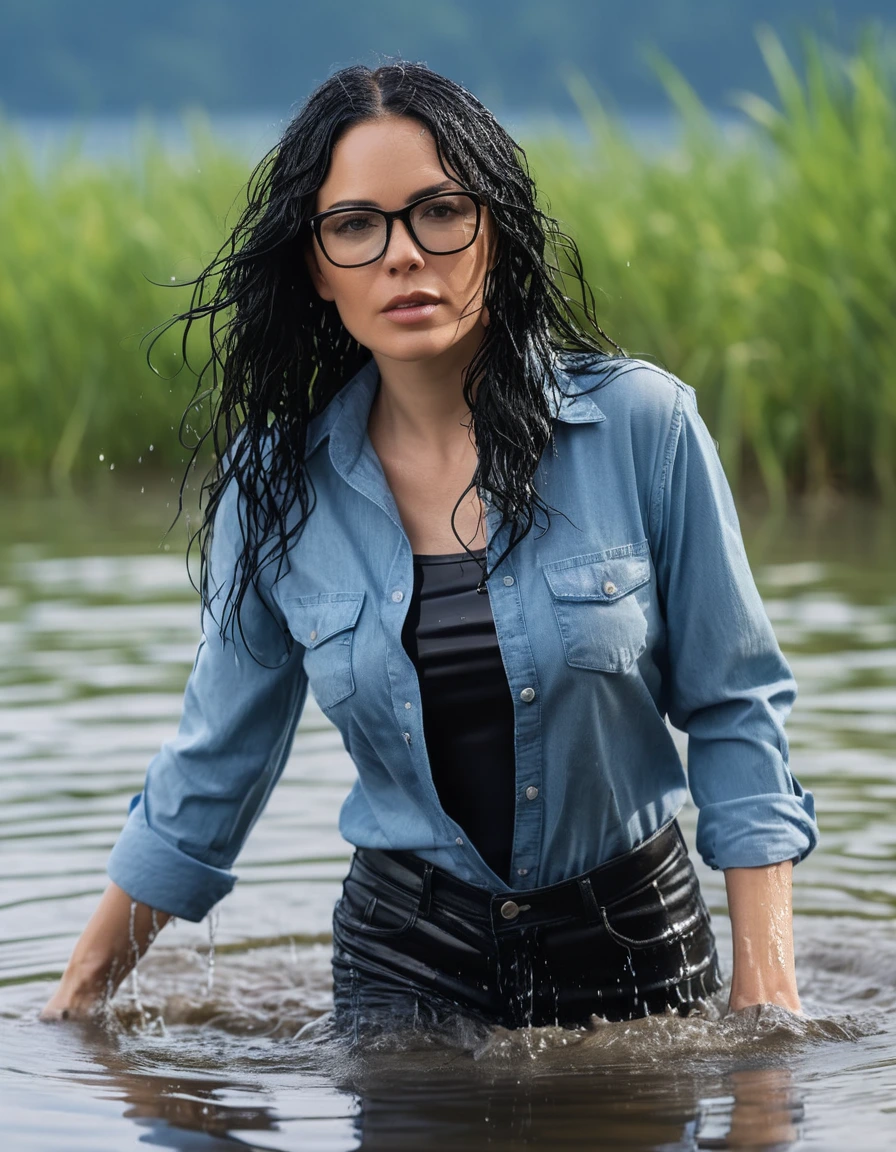 photo of young woman, in soaking wet, drenched clothes,
office shoes , long light blue jeans, black latex top , walking submerged in sunny deep lake, 
enjoying, wet clothes stuck to body,
detailed textures of the wet clothes, wet face, wet plastered hair,
wet, drenched, professional, high-quality details, full body view.
sharp focus, ultra-high pixel detail, realistic, high-quality, full colors, incredibly detailed, 4k, 8k, 16k, hyper-realistic, RAW photo, masterpiece, ultra-detailed, professionally color graded, professional photograph, woman 51 years old, long black hair, very big and thick lips, office glasses, complete body, open mouth, dry skin, dry clothes, dry fabric