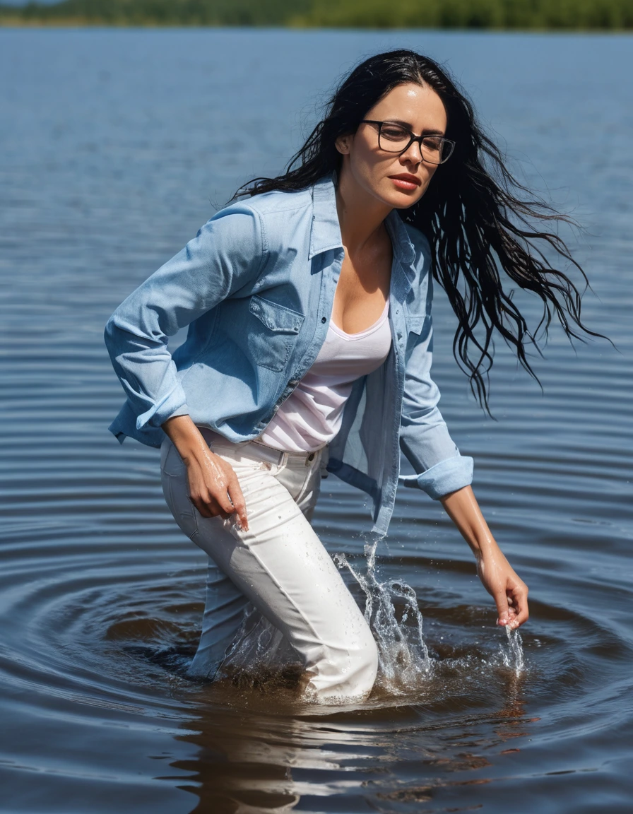 photo of young woman, in soaking wet, drenched clothes,
office shoes , long light white jeans, light blue jeans top, walking submerged in sunny deep lake, 
enjoying, wet clothes stuck to body,
detailed textures of the wet clothes, wet face, wet plastered hair,
wet, drenched, professional, high-quality details, full body view.
sharp focus, ultra-high pixel detail, realistic, high-quality, full colors, incredibly detailed, 4k, 8k, 16k, hyper-realistic, RAW photo, masterpiece, ultra-detailed, professionally color graded, professional photograph, woman 51 years old, long black hair, very big and thick lips, office glasses, complete body, open mouth, dry skin, dry clothes, dry fabric