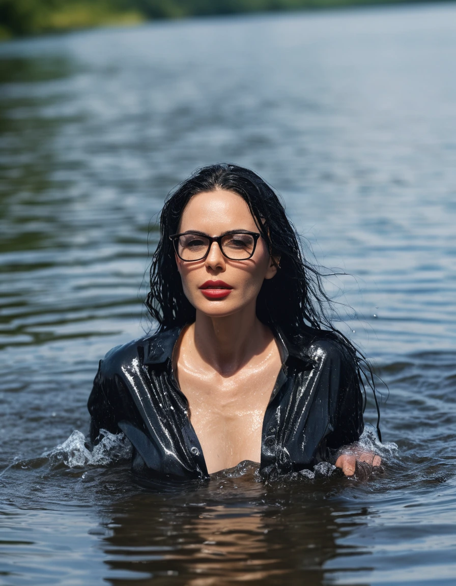 photo of young woman, in soaking wet, drenched clothes,
office shoes , long blue jeans shinning, with black top, walking submerged in sunny deep lake, 
enjoying, wet clothes stuck to body,
detailed textures of the wet clothes, wet face, wet plastered hair,
wet, drenched, professional, high-quality details, full body view.
sharp focus, ultra-high pixel detail, realistic, high-quality, full colors, incredibly detailed, 4k, 8k, 16k, hyper-realistic, RAW photo, masterpiece, ultra-detailed, professionally color graded, professional photograph, woman 51 years old, long black hair, very big and thick lips, office glasses, complete body, open mouth, dry skin, dry clothes, dry fabric