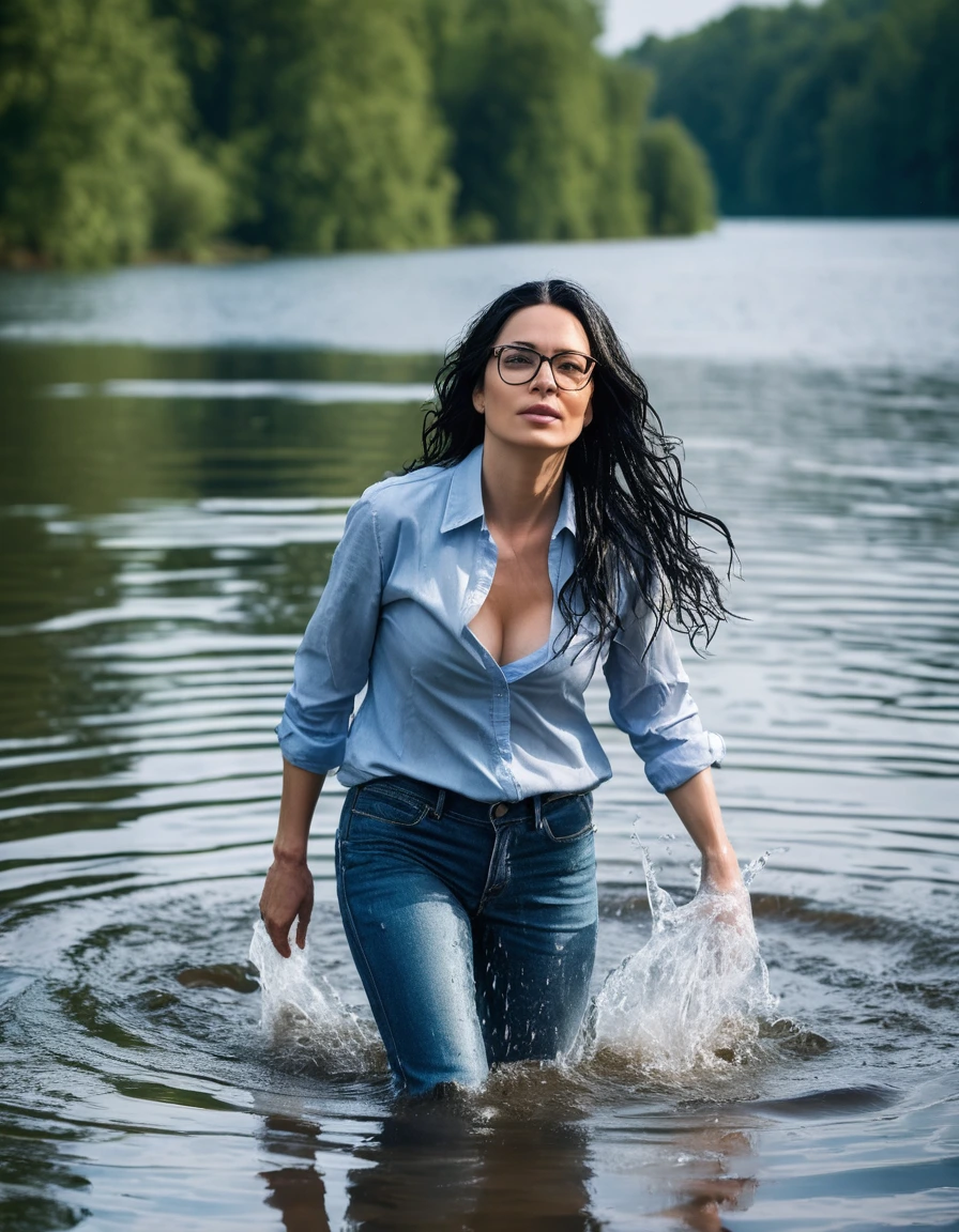 photo of young woman, in soaking wet, drenched clothes,
office shoes , long blue jeans, light blue jeans top, walking submerged in sunny deep lake, 
enjoying, wet clothes stuck to body,
detailed textures of the wet clothes, wet face, wet plastered hair,
wet, drenched, professional, high-quality details, full body view.
sharp focus, ultra-high pixel detail, realistic, high-quality, full colors, incredibly detailed, 4k, 8k, 16k, hyper-realistic, RAW photo, masterpiece, ultra-detailed, professionally color graded, professional photograph, woman 51 years old, long black hair, very big and thick lips, office glasses, complete body, open mouth, dry skin, dry clothes, dry fabric
