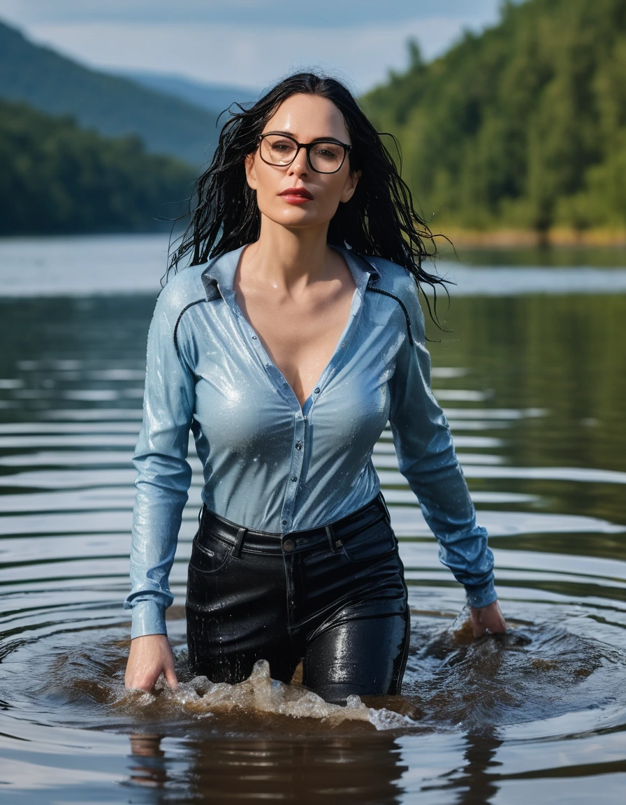 photo of young woman, in soaking wet, drenched clothes,
office shoes , long light blue jeans, black latex sweater with long sleeves, walking submerged in sunny deep lake, 
enjoying, wet clothes stuck to body,
detailed textures of the wet clothes, wet face, wet plastered hair,
wet, drenched, professional, high-quality details, full body view.
sharp focus, ultra-high pixel detail, realistic, high-quality, full colors, incredibly detailed, 4k, 8k, 16k, hyper-realistic, RAW photo, masterpiece, ultra-detailed, professionally color graded, professional photograph, woman 51 years old, long black hair, very big and thick lips, office glasses, complete body, open mouth,, dry skin, dry clothes, dry fabric, dry skin, dry clothes, dry fabric, dry skin, dry clothes, dry fabric