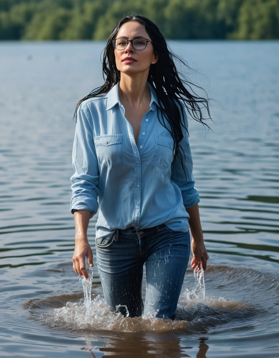 photo of young woman, in soaking wet, drenched clothes,
office shoes , long light blue jeans, light blue jeans top, walking submerged in sunny deep lake, 
enjoying, wet clothes stuck to body,
detailed textures of the wet clothes, wet face, wet plastered hair,
wet, drenched, professional, high-quality details, full body view.
sharp focus, ultra-high pixel detail, realistic, high-quality, full colors, incredibly detailed, 4k, 8k, 16k, hyper-realistic, RAW photo, masterpiece, ultra-detailed, professionally color graded, professional photograph, woman 51 years old, long black hair, very big and thick lips, office glasses, complete body, open mouth, dry skin, dry clothes, dry fabric