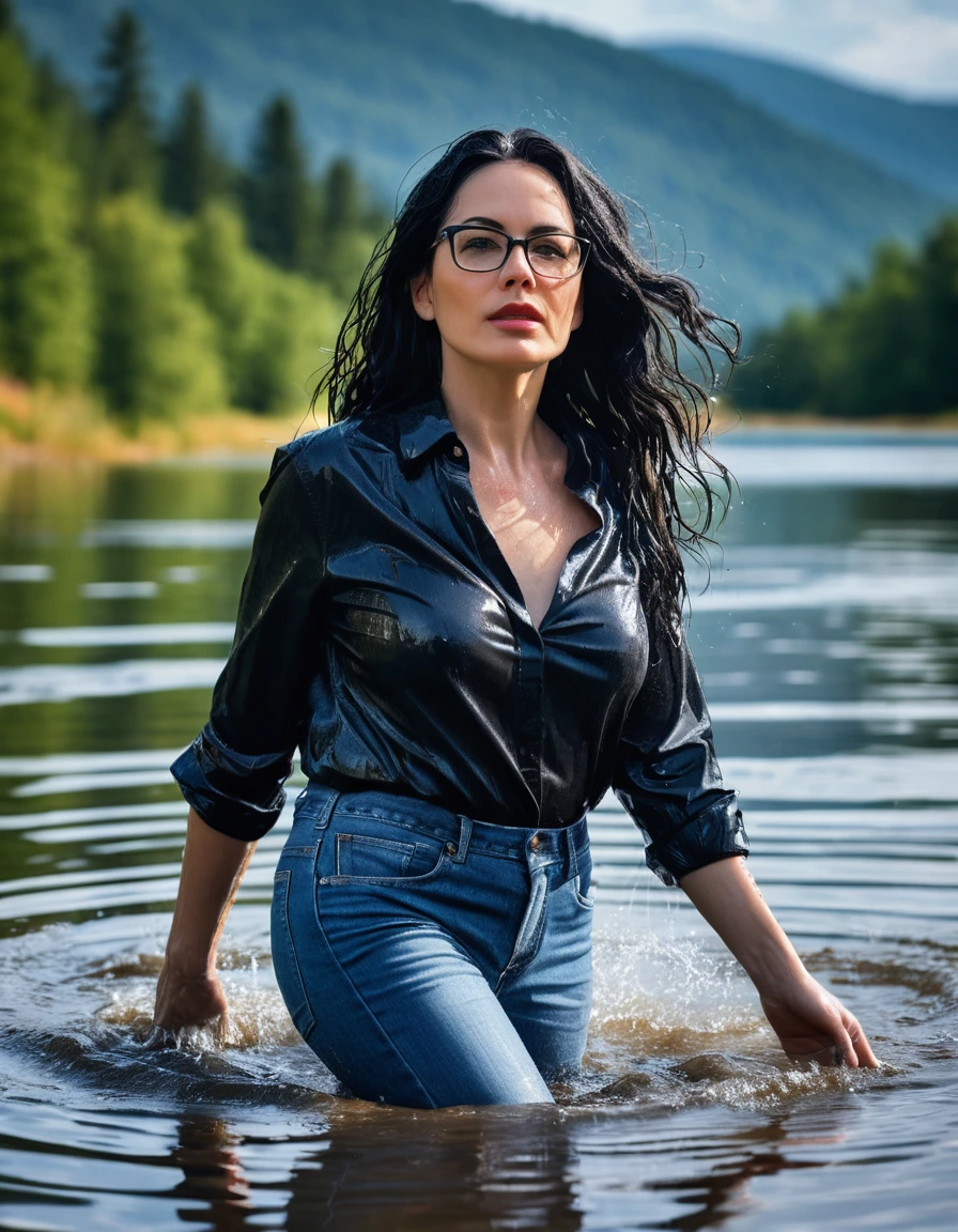 photo of young woman, in soaking wet, drenched clothes,
office shoes , long blue jeans, with black top, walking submerged in sunny deep lake, 
enjoying, wet clothes stuck to body,
detailed textures of the wet clothes, wet face, wet plastered hair,
wet, drenched, professional, high-quality details, full body view.
sharp focus, ultra-high pixel detail, realistic, high-quality, full colors, incredibly detailed, 4k, 8k, 16k, hyper-realistic, RAW photo, masterpiece, ultra-detailed, professionally color graded, professional photograph, woman 51 years old, long black hair, very big and thick lips, office glasses, complete body, open mouth, dry skin, dry clothes, dry fabric