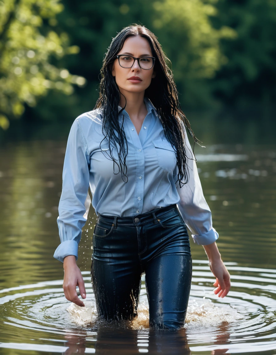 photo of young woman, in soaking wet, drenched clothes,
office shoes , long light blue jeans, black latex top , walking submerged in sunny deep lake, 
enjoying, wet clothes stuck to body,
detailed textures of the wet clothes, wet face, wet plastered hair,
wet, drenched, professional, high-quality details, full body view.
sharp focus, ultra-high pixel detail, realistic, high-quality, full colors, incredibly detailed, 4k, 8k, 16k, hyper-realistic, RAW photo, masterpiece, ultra-detailed, professionally color graded, professional photograph, woman 51 years old, long black hair, very big and thick lips, office glasses, complete body, open mouth, dry skin, dry clothes, dry fabric