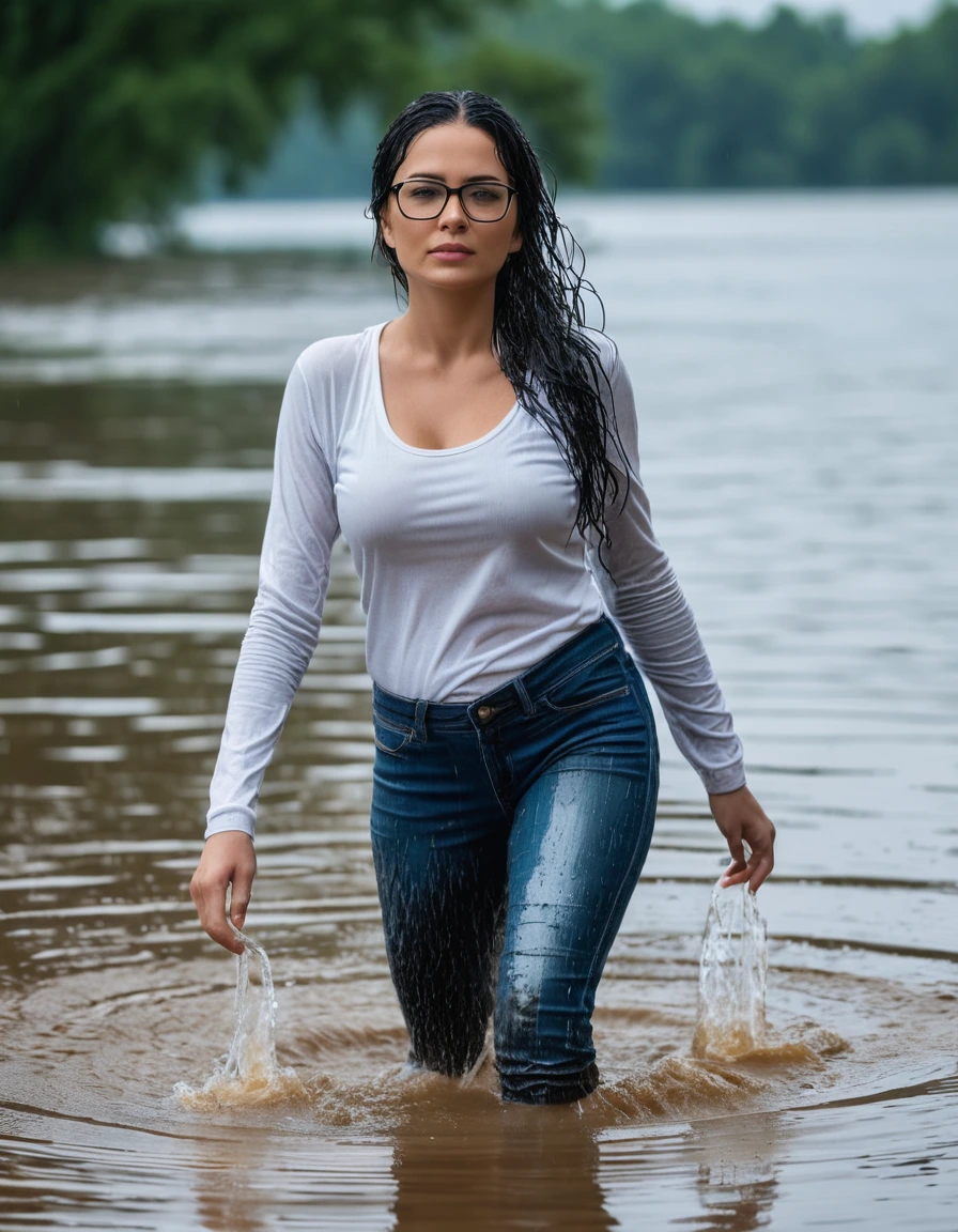 photo of young woman, in soaking wet, drenched clothes,
office shoes , long blue jeans leggins, white tight tank top, walking submerged in lake under hard rain, 
enjoying, wet clothes stuck to body,
detailed textures of the wet clothes, wet face, wet plastered hair,
wet, drenched, professional, high-quality details, full body view.
sharp focus, ultra-high pixel detail, realistic, high-quality, full colors, incredibly detailed, 4k, 8k, 16k, hyper-realistic, RAW photo, masterpiece, ultra-detailed, professionally color graded, professional photograph, woman 51 years old, long black hair, very big and thick lips, office glasses, complete body, open mouth, dry skin, dry clothes, dry fabric